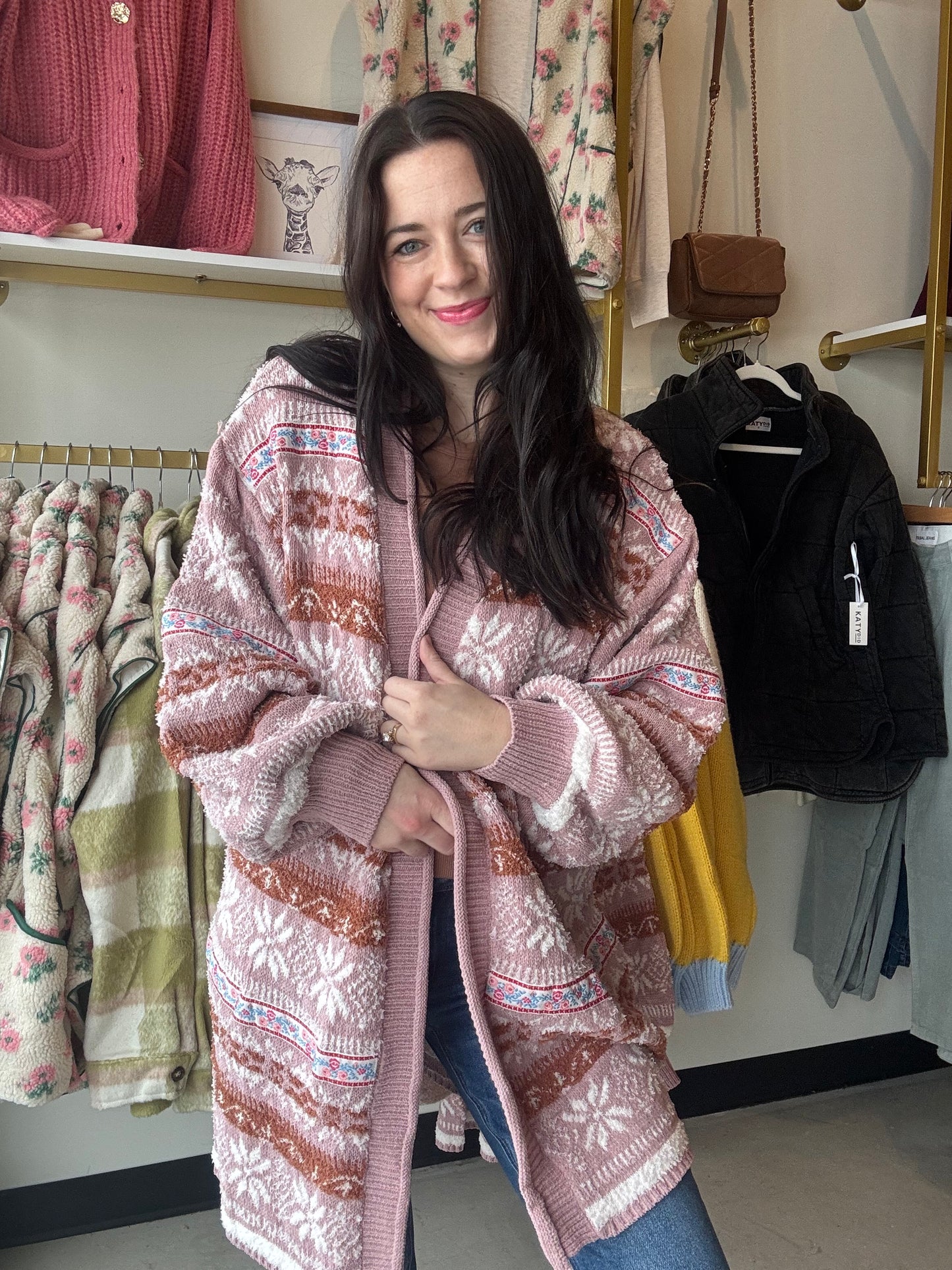 Pink Winter Motif Cardigan