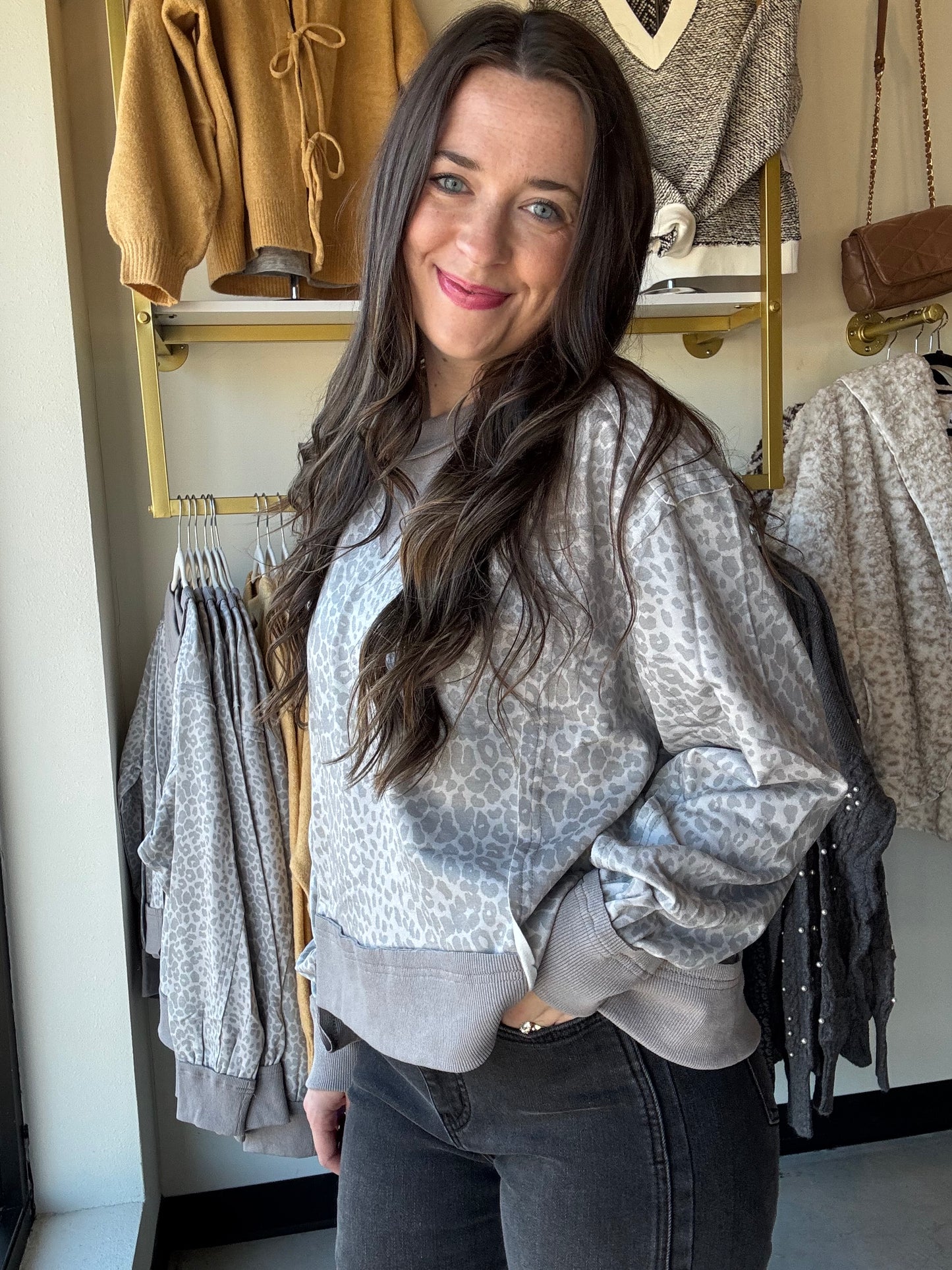 Grey Leopard Crewneck Pullover