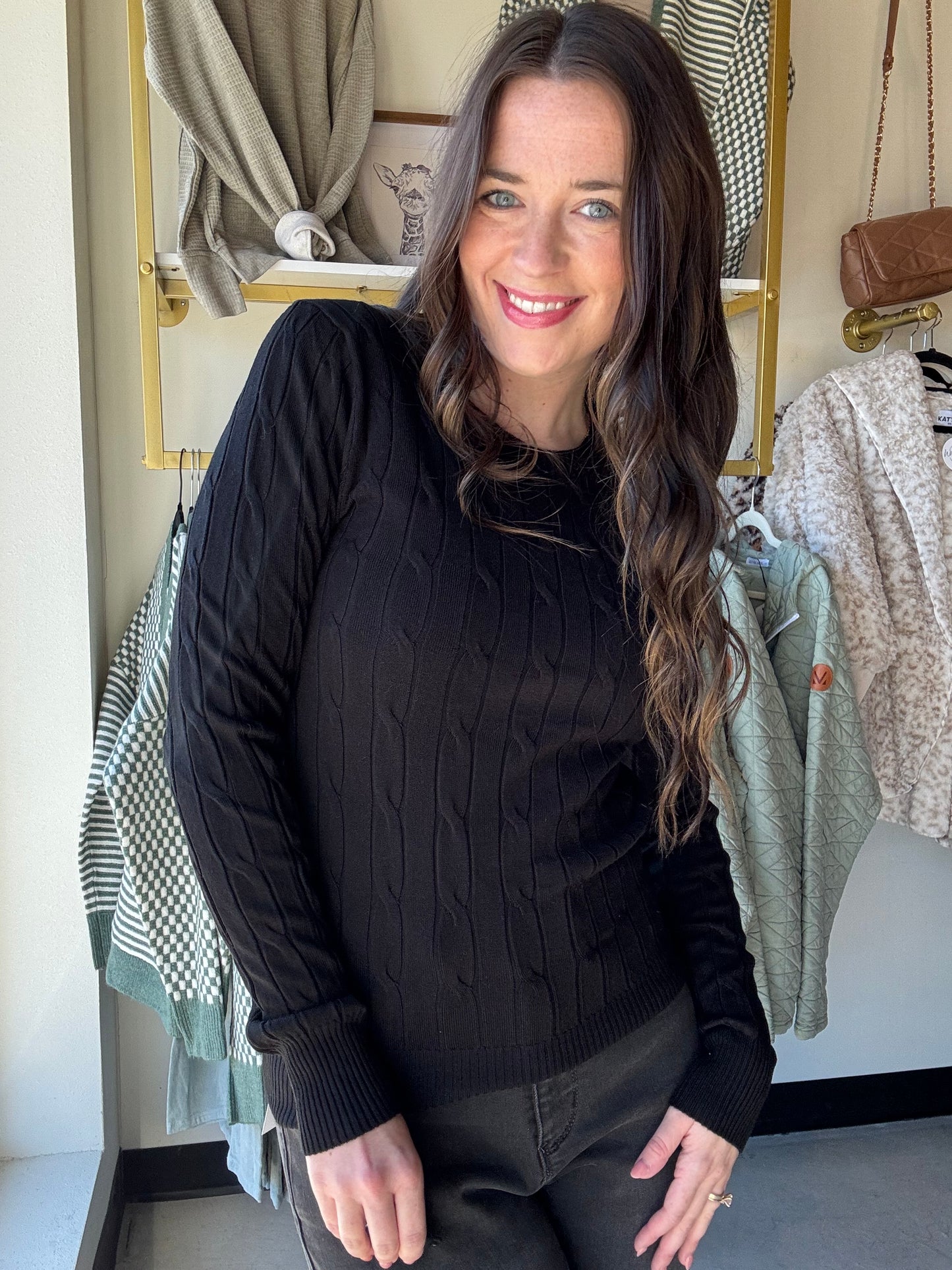 Black Cable Knit Crewneck