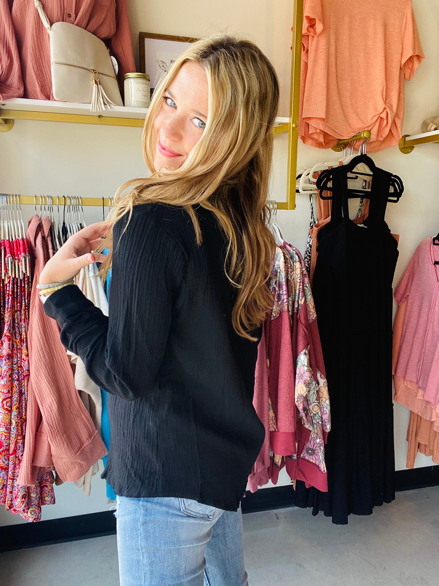 Black Ruffle Crinkled Long Sleeve
