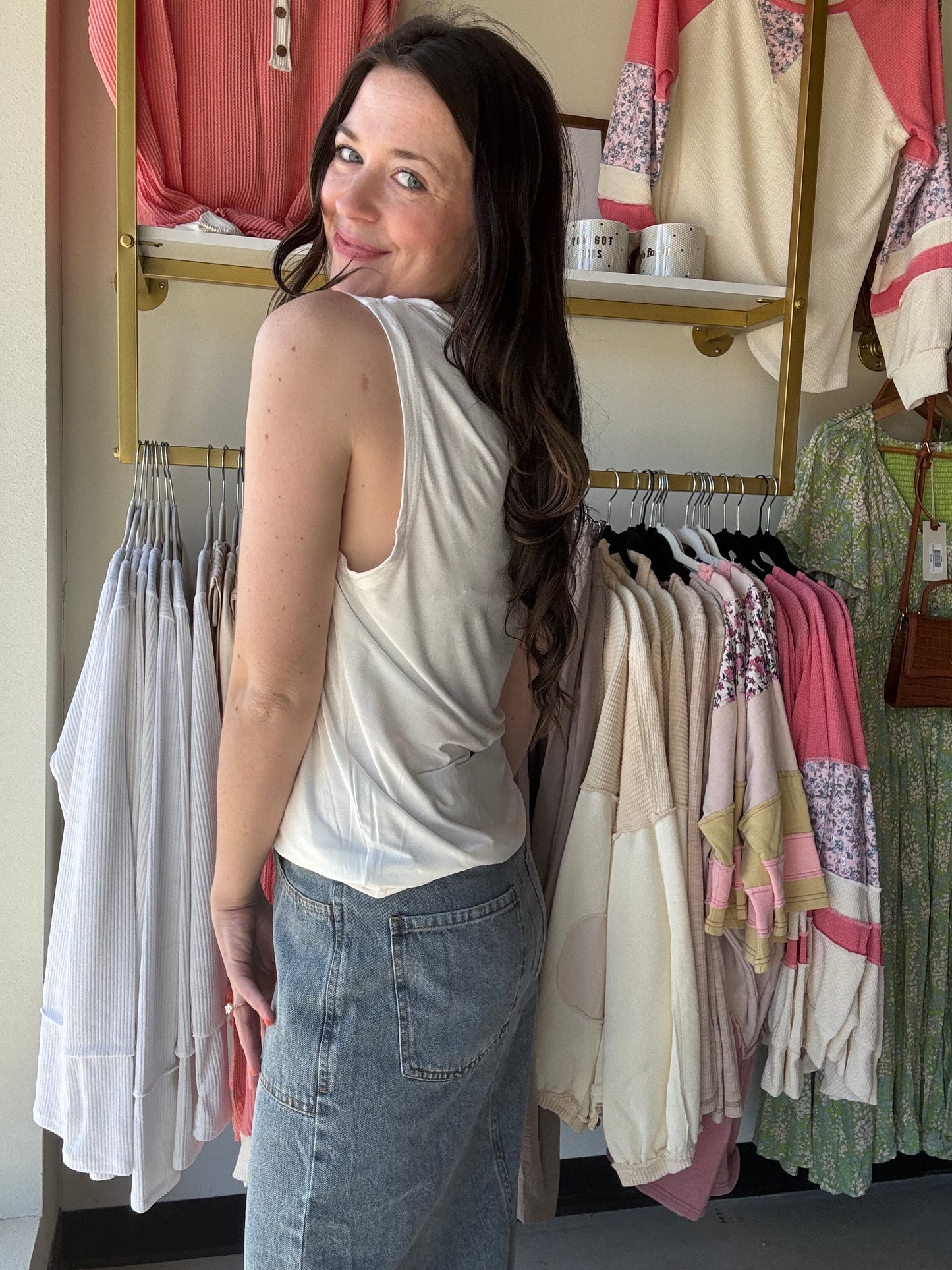 Ivory V Neck Button Tank