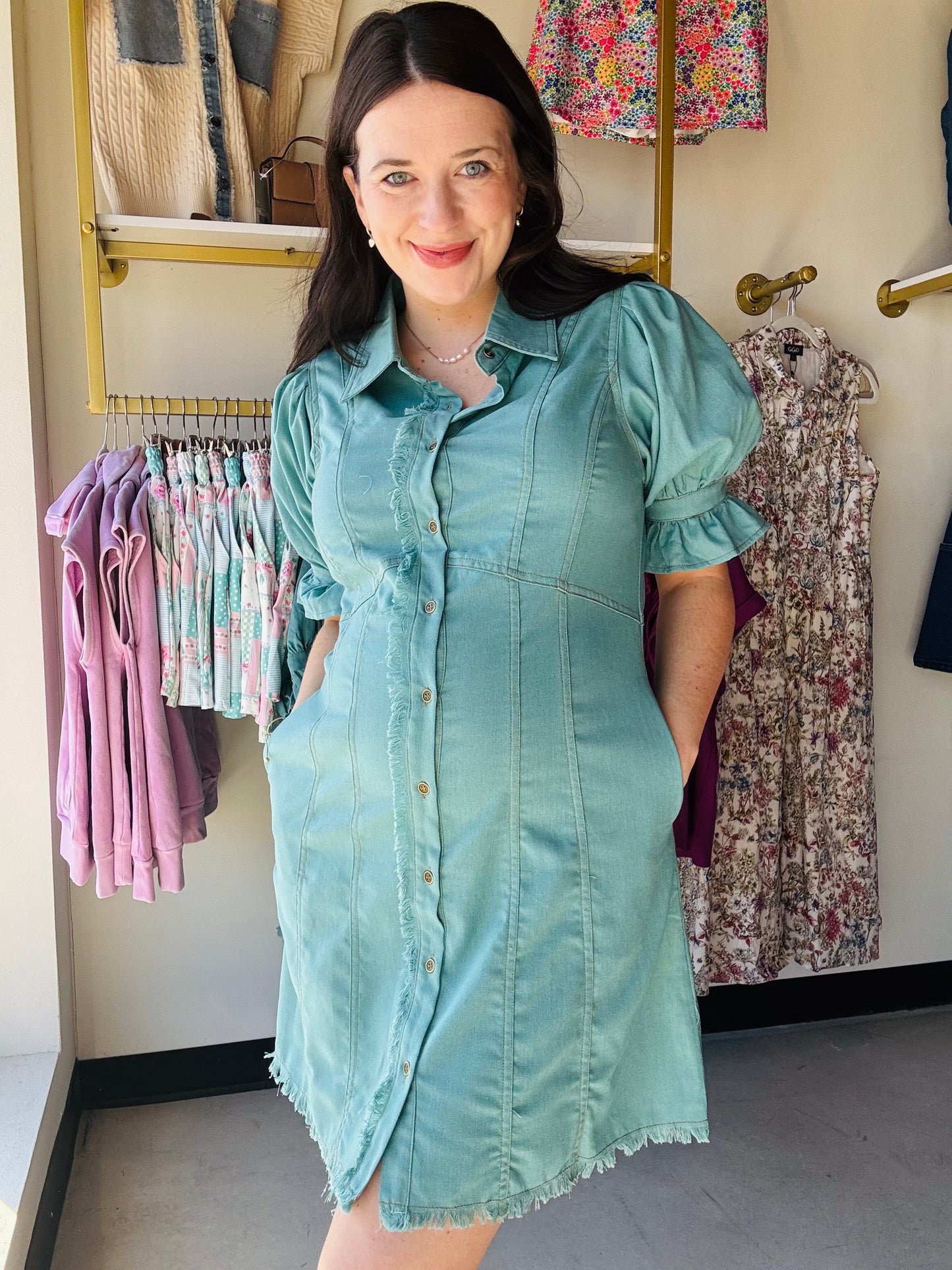 Mint Linen Puff Sleeve Dress