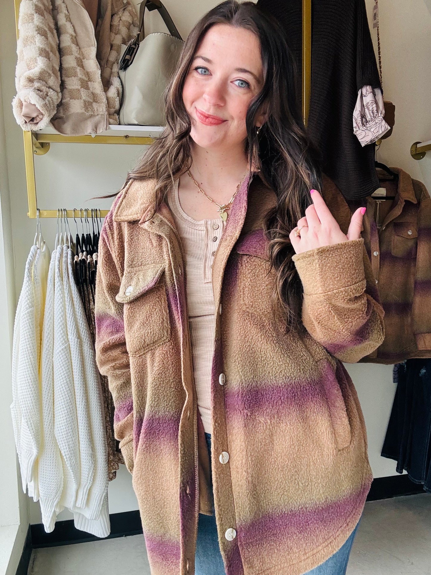 Thread & Supply
This super soft shacket is essential for the season. Featured in a plush fabric, slightly oversized silhouette and dual front and side pockets.
Collared neckline
Button front closure
Dual front pockets