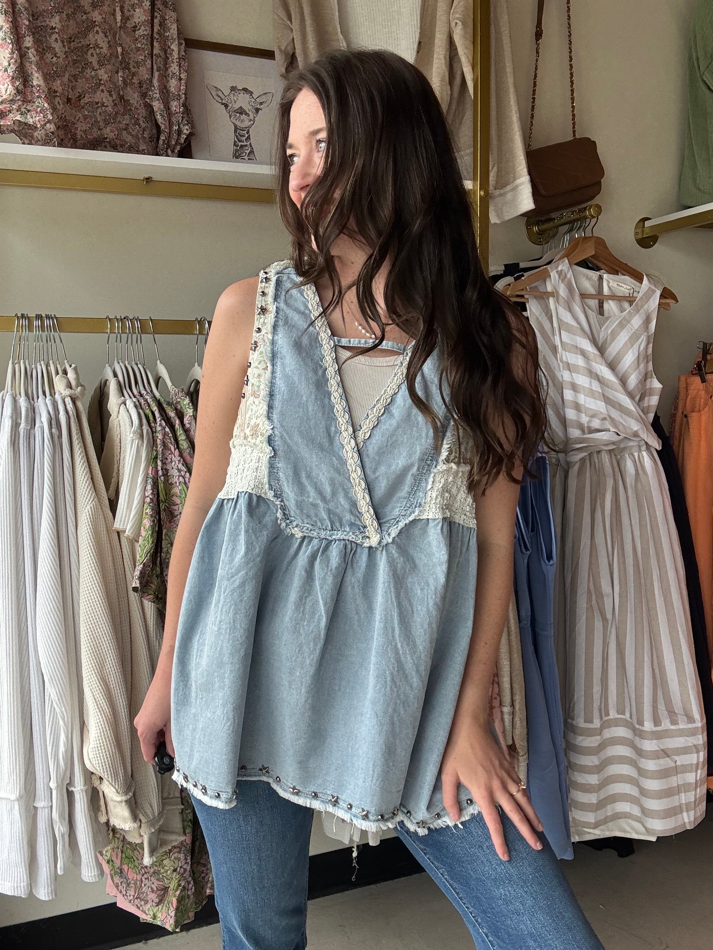 Denim Flowy Stud Tank