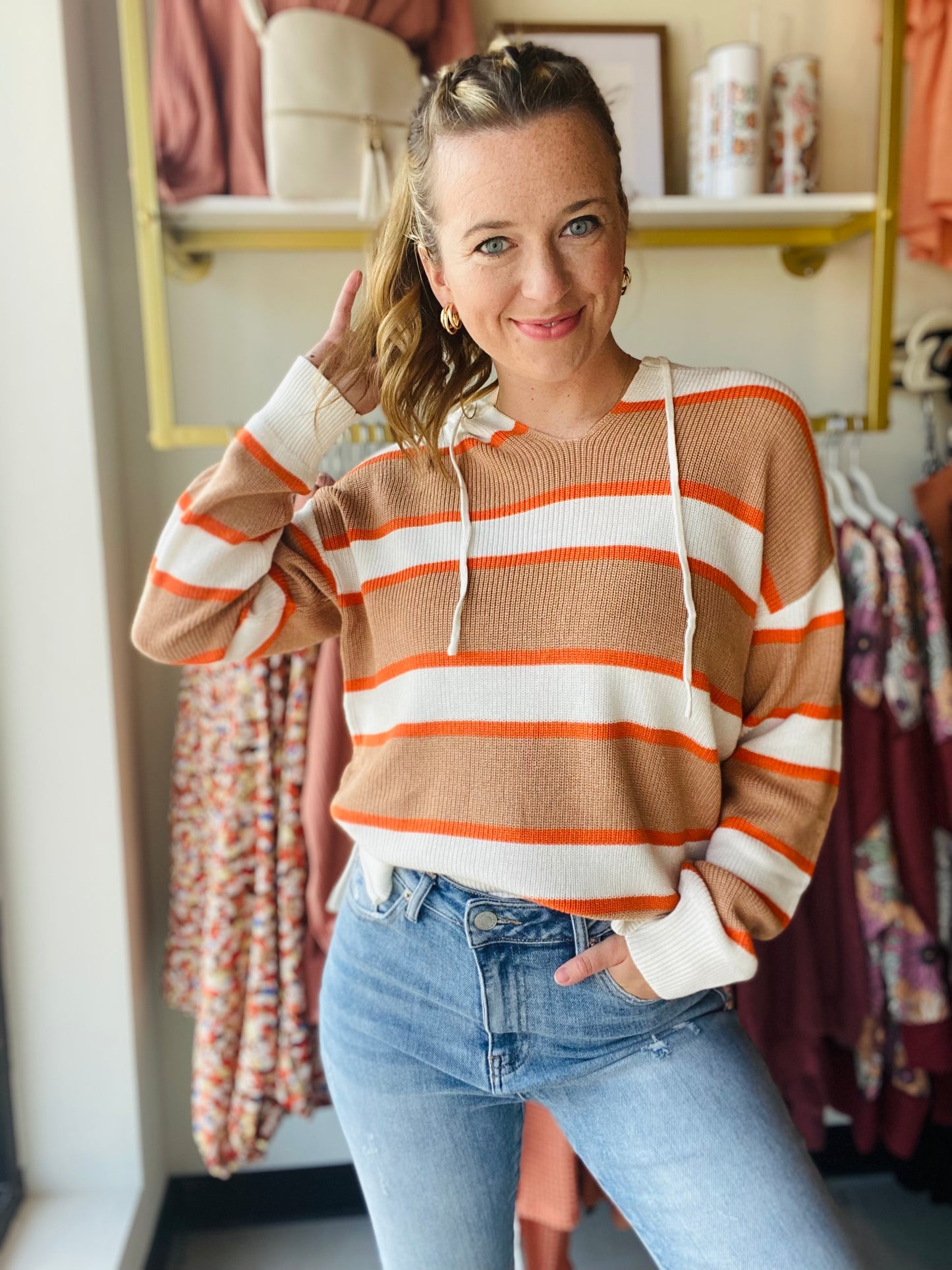 Orange and Khaki Block Stripe Hoodie