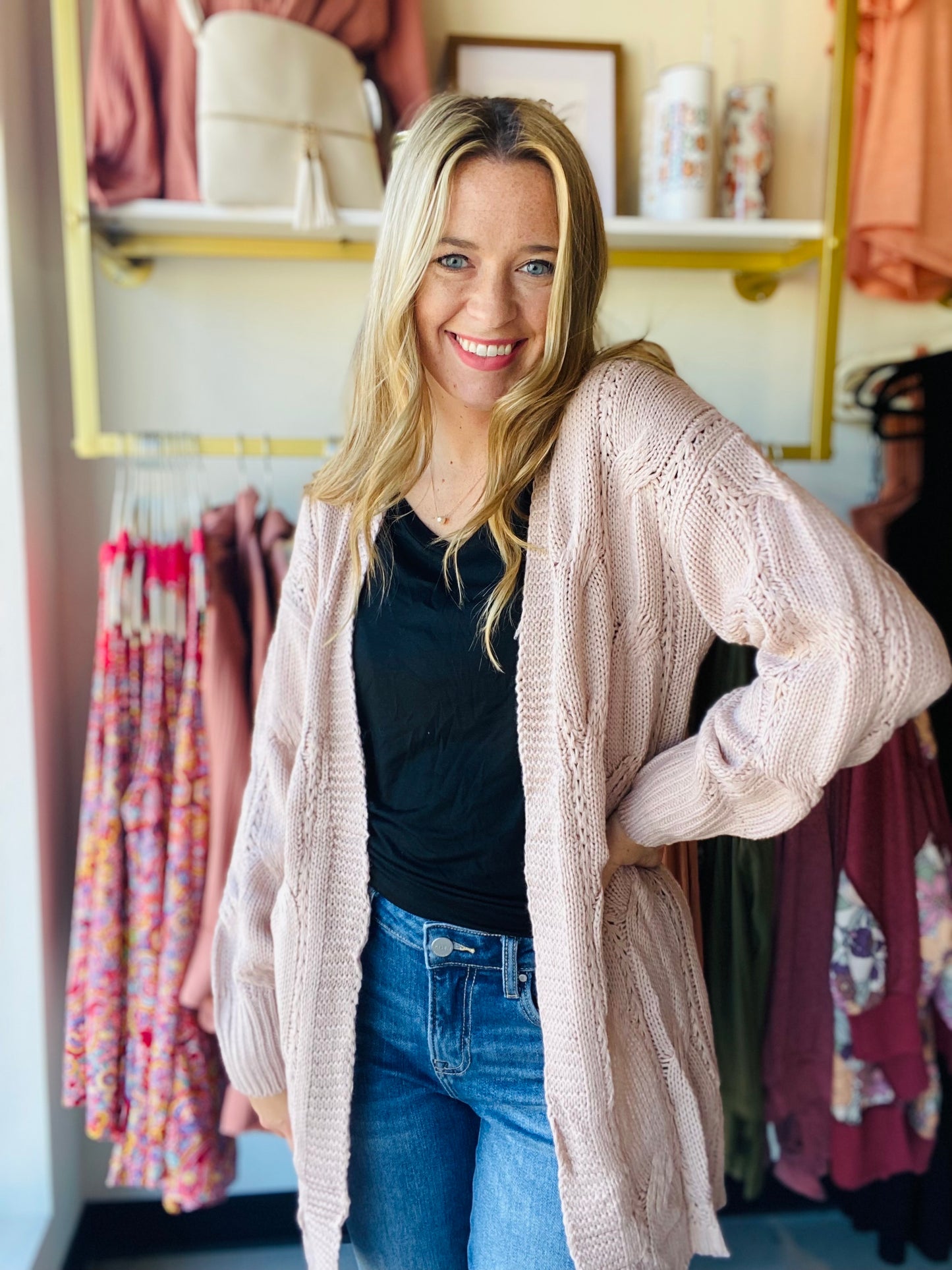 Apricot Ribbed Eyelet Cardi