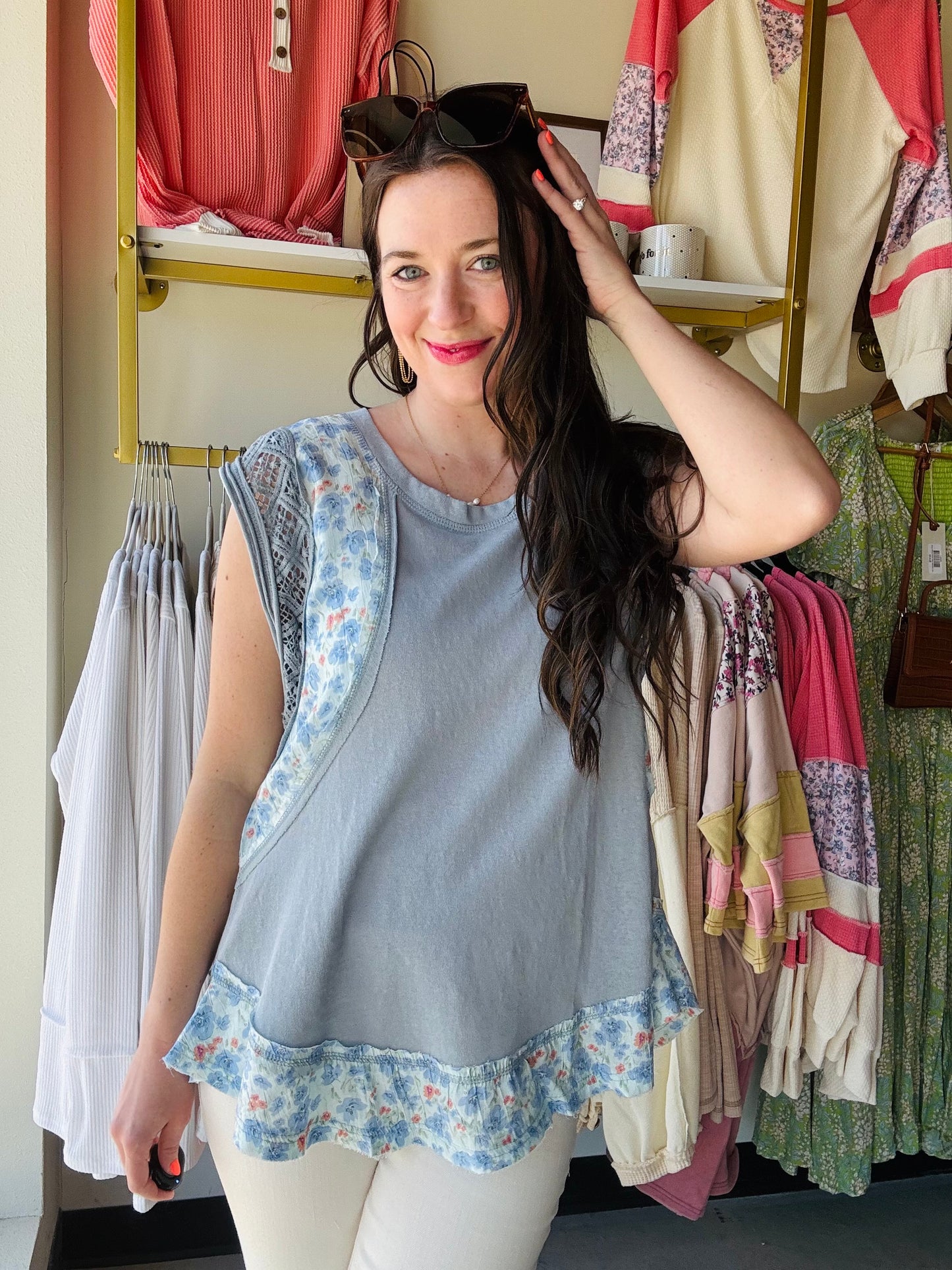 Lace Trim Pointed Floral Top