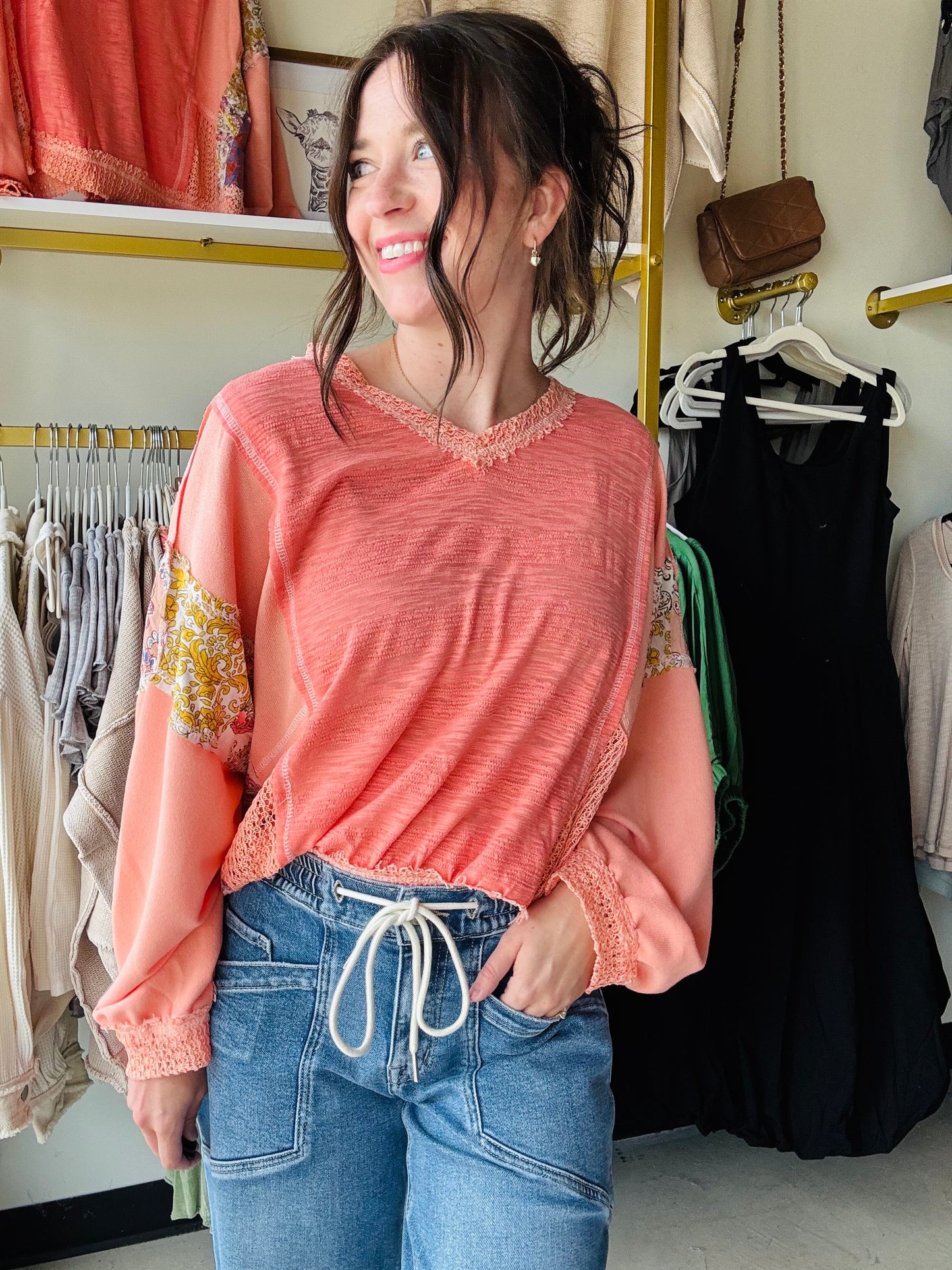 Coral Floral Contrast Top