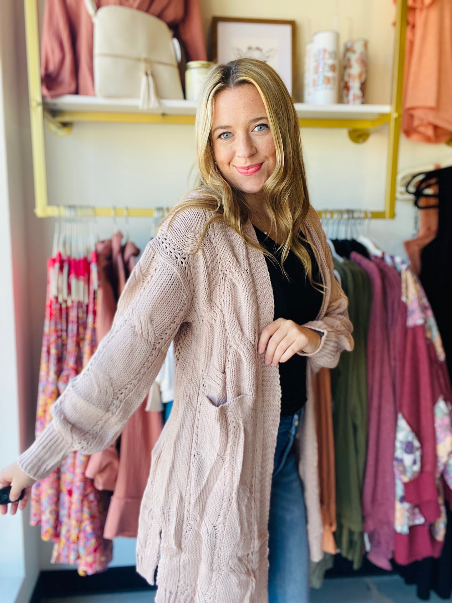 Apricot Ribbed Eyelet Cardi