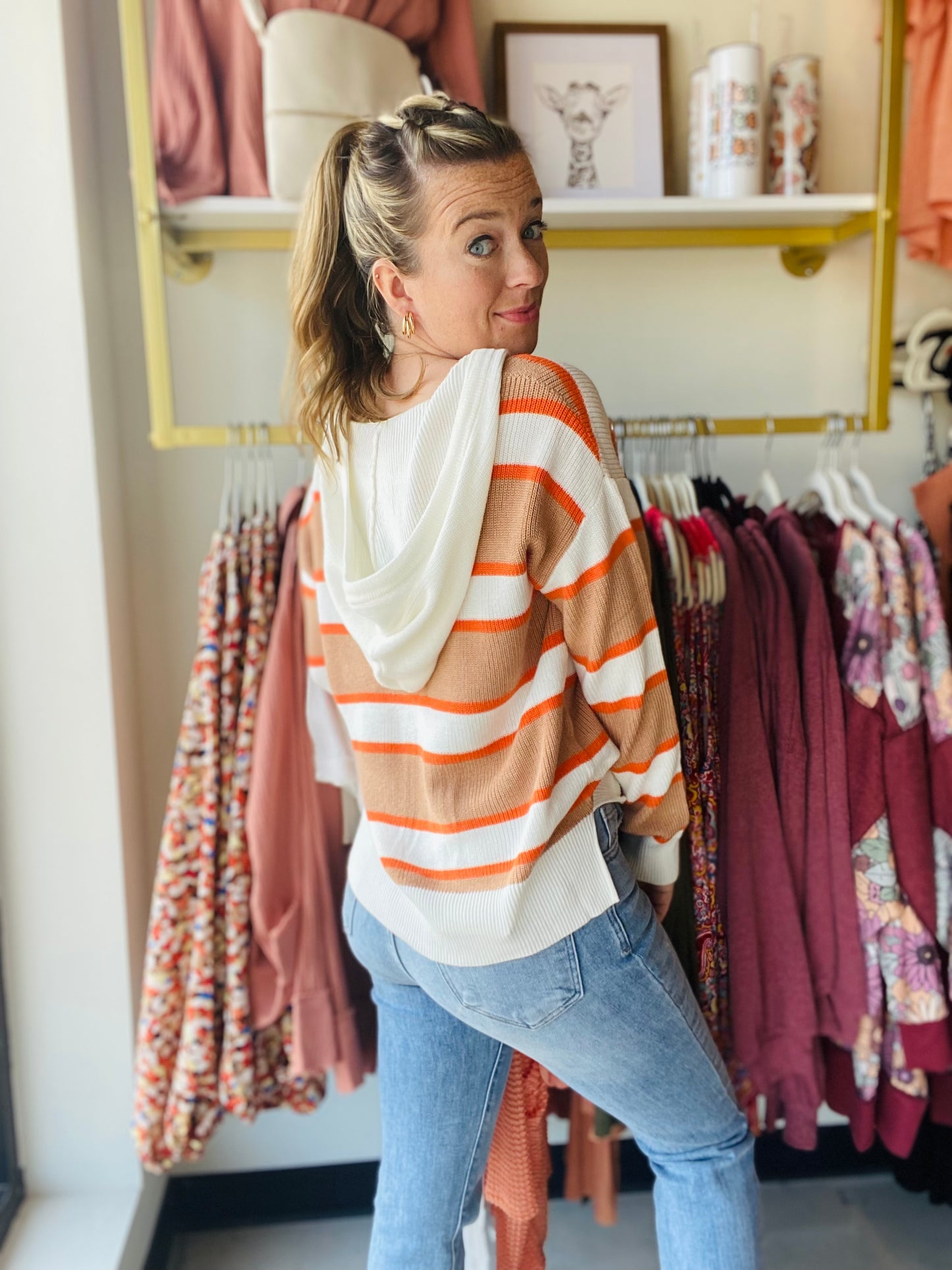 Orange and Khaki Block Stripe Hoodie