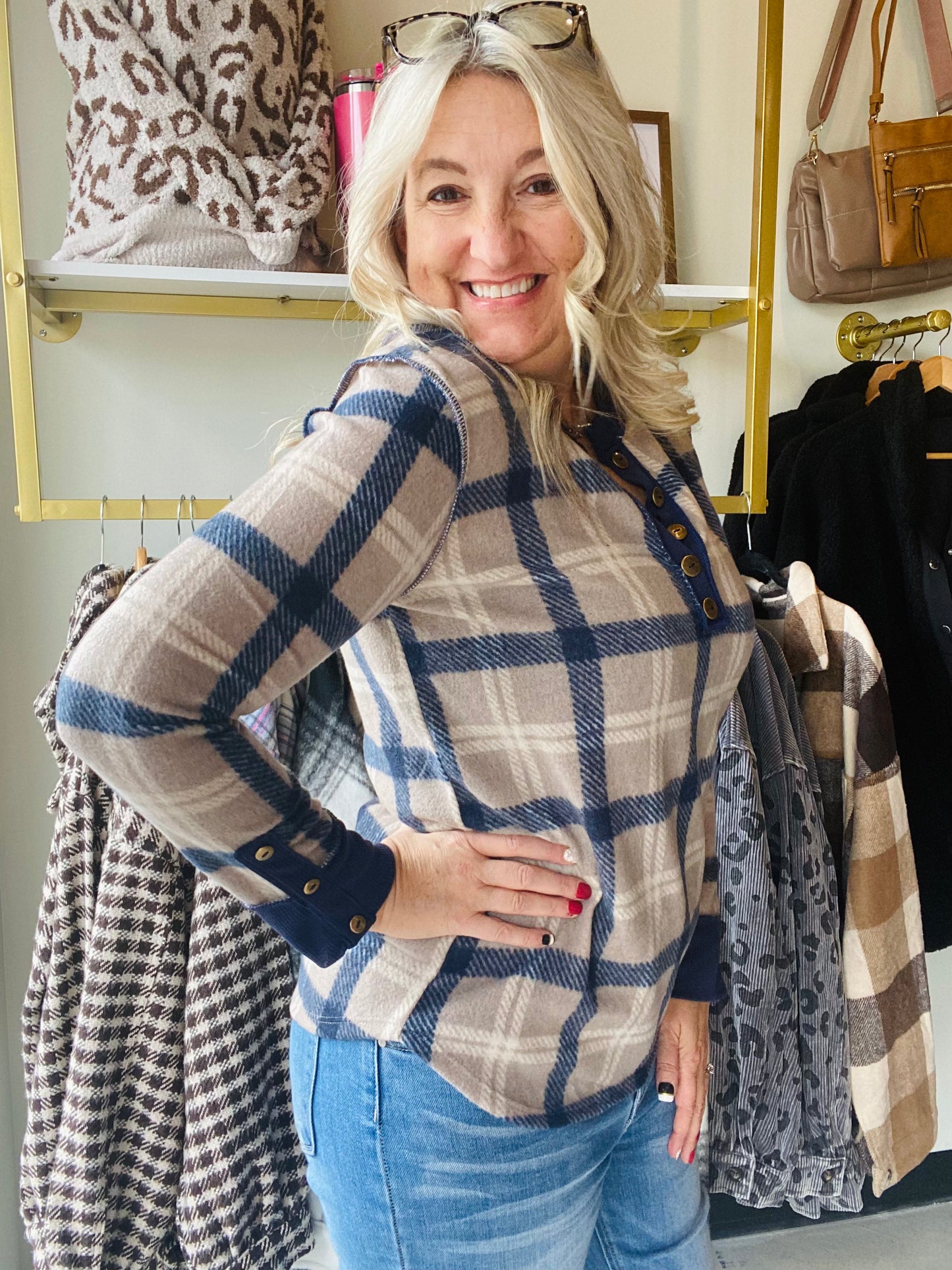 Brushed Navy & Plaid V Neck