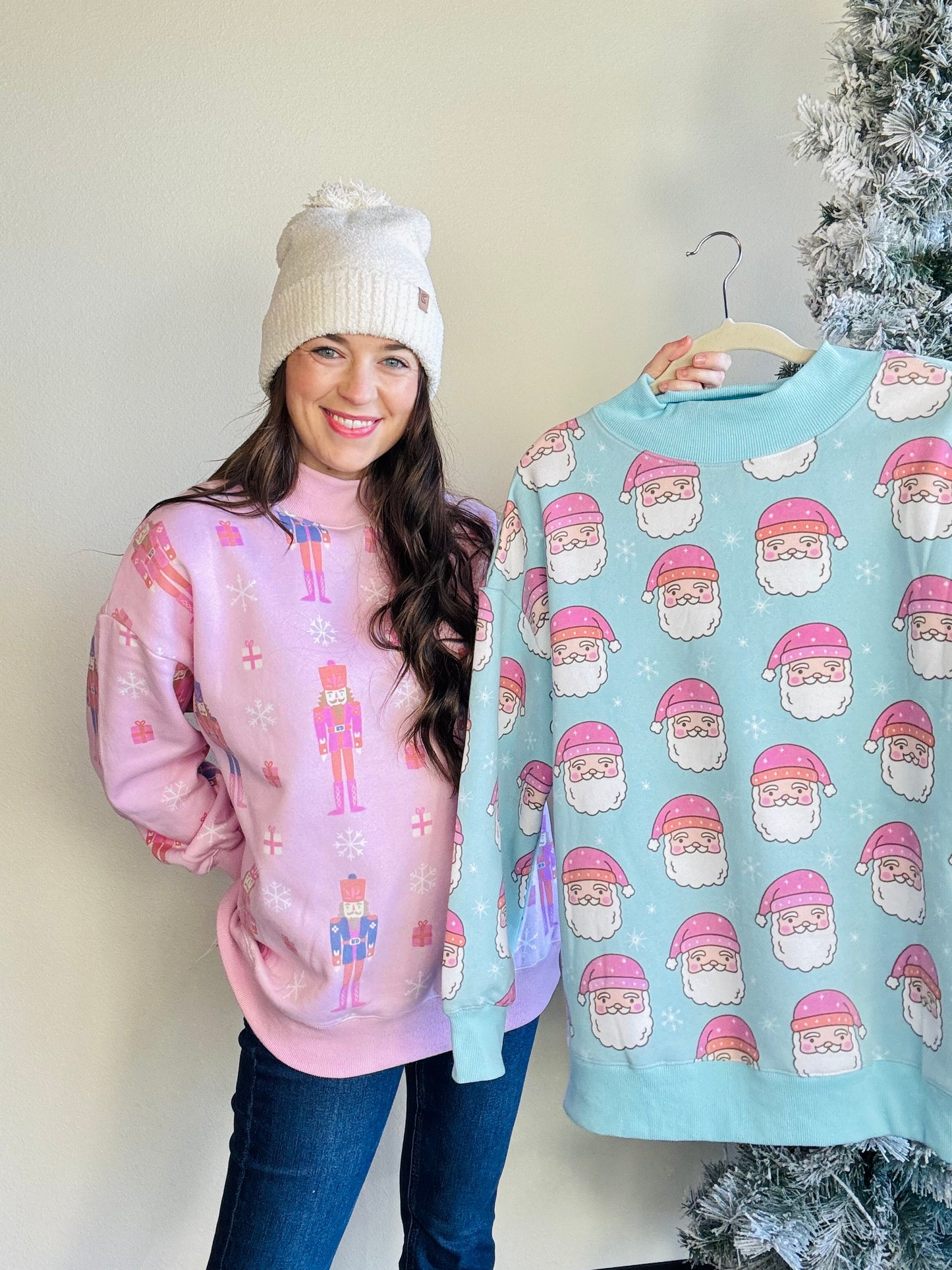 Pink & Blue Santa Mock Neck