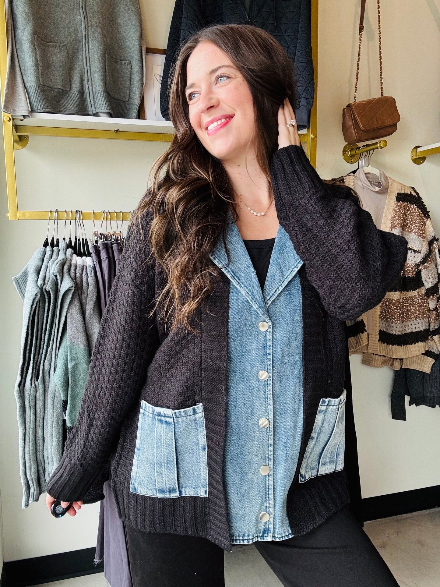 Denim Contrast Sweater Cardi