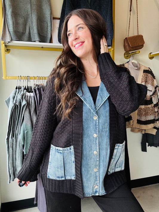 Denim Contrast Sweater Cardi