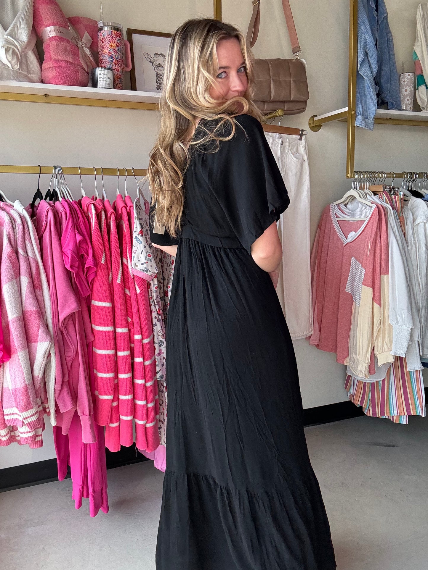 Black V Neck Flutter Maxi