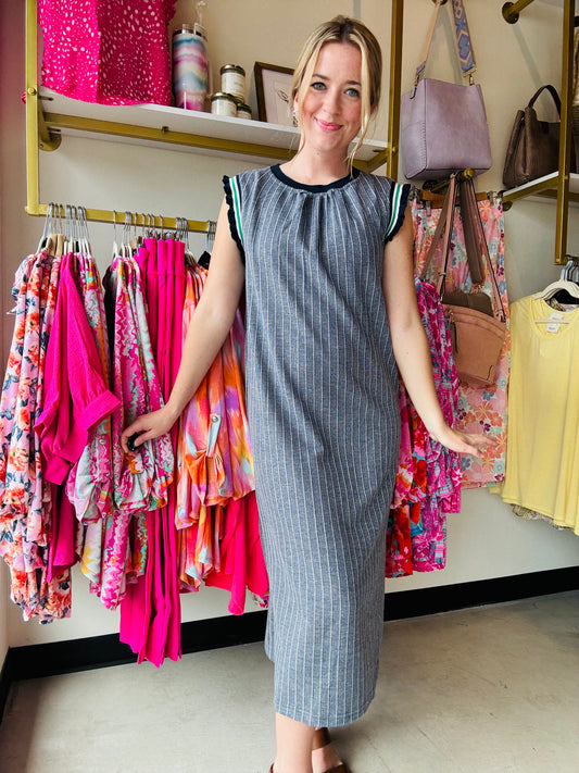 Navy Rib Band Detailed Midi Dress