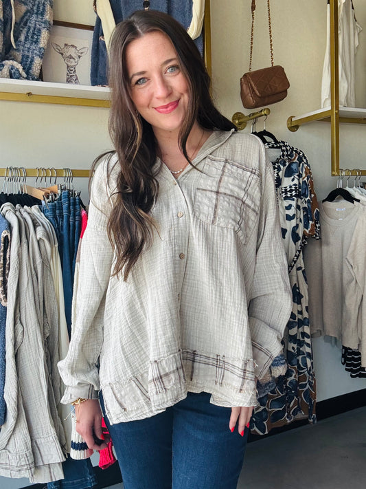 Cozy up in this playful Plaid Washed Cotton Hoodie, designed for effortless style and comfort. Featuring a soft, textured gauze fabric with a contrasting plaid pattern, it offers a relaxed fit with dropped shoulders and buttoned cuffs. The attached drawstring hood and front chest pocket add practical charm, while the button-down pullover design lets you mix and match with ease. Perfect for layering or wearing solo, this hoodie brings a fun, casual vibe to your everyday look.