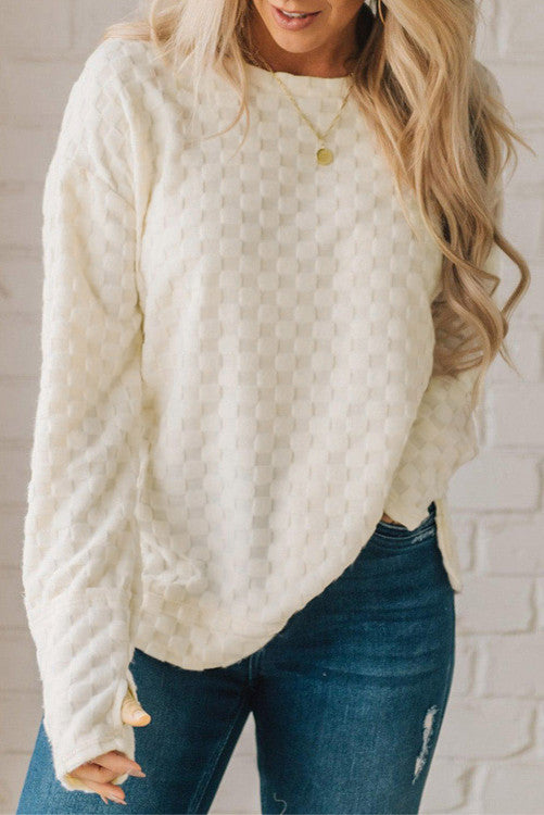 Beige Solid Textured Thumbhole Sleeve Top- Preorder