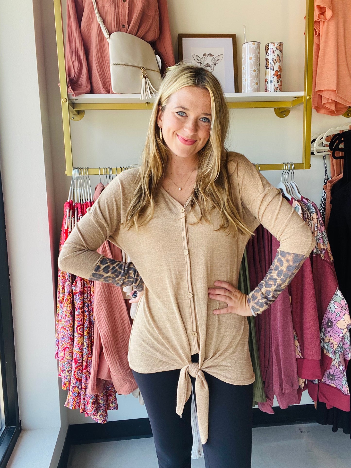 Taupe Leopard Accent Top