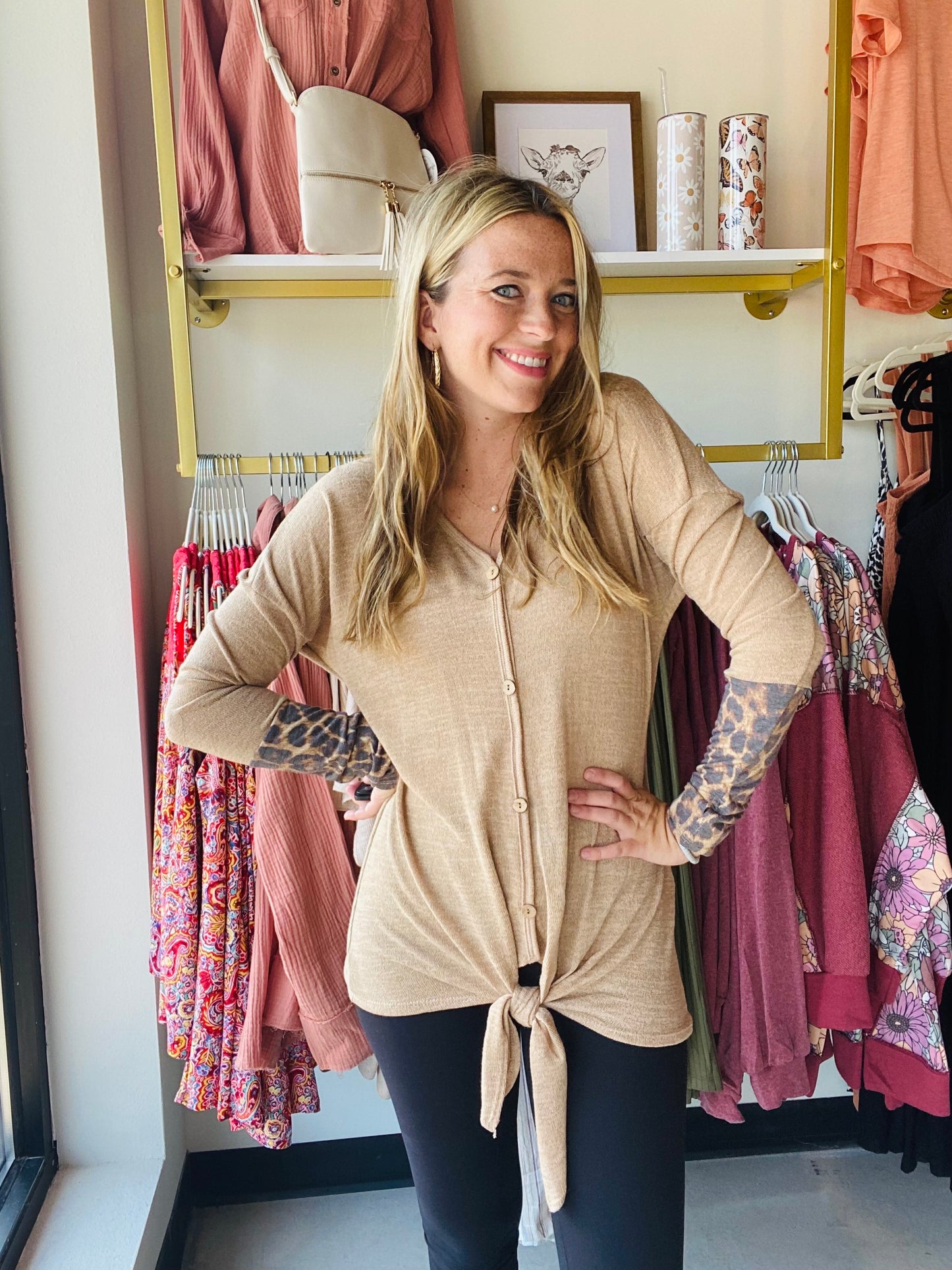 Taupe Leopard Accent Top