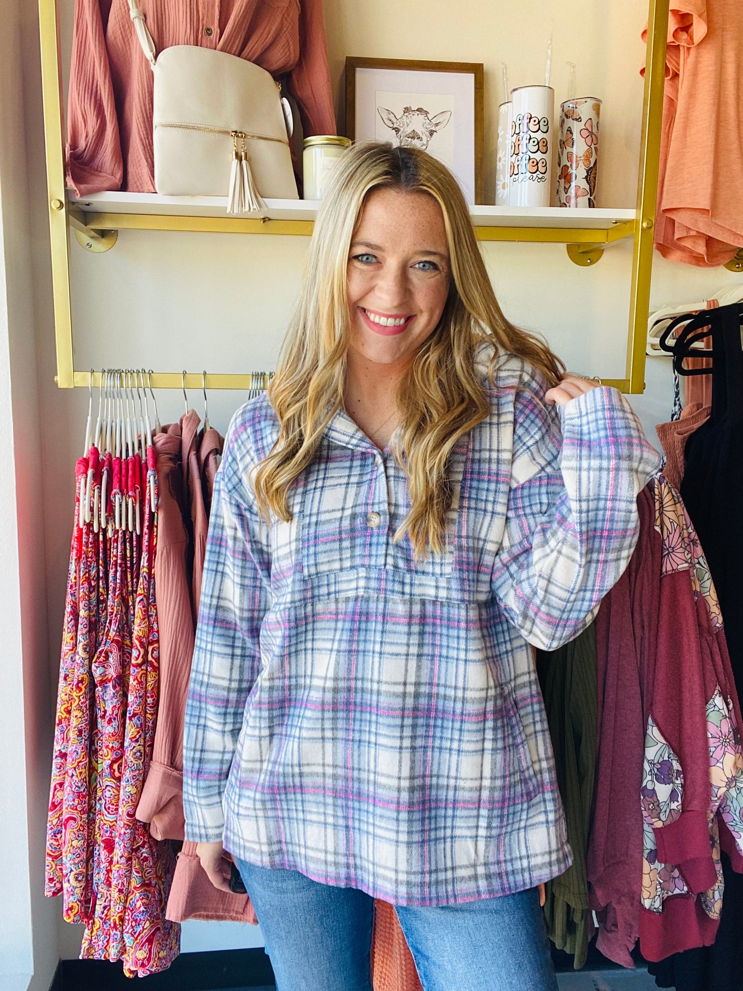 Blue and Pink Plaid Pullover