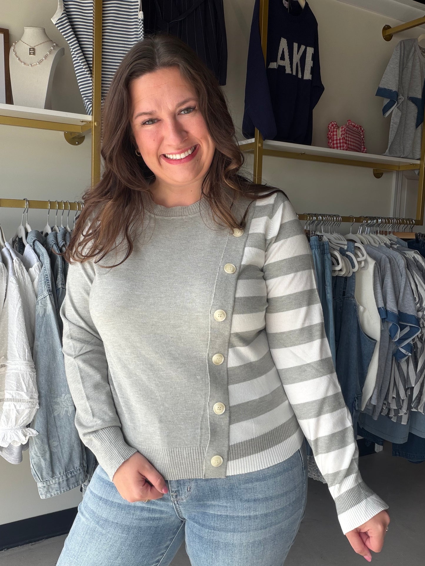 Grey Stripe Button Detail Sweater