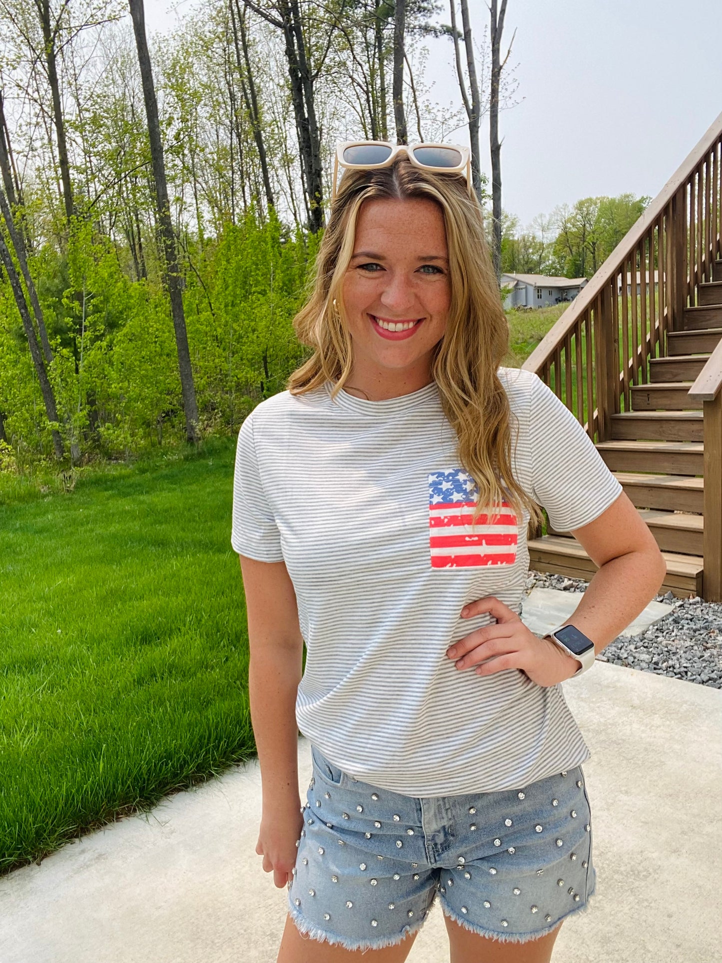 This classic Stars and Stripes Pocket Tee is the perfect choice for your summer festivities. Featuring a soft lightweight material and subtle grey stripes for added style, you'll be comfy and stylish all day. Celebrate in style and show your patriotism in this timeless must-have.