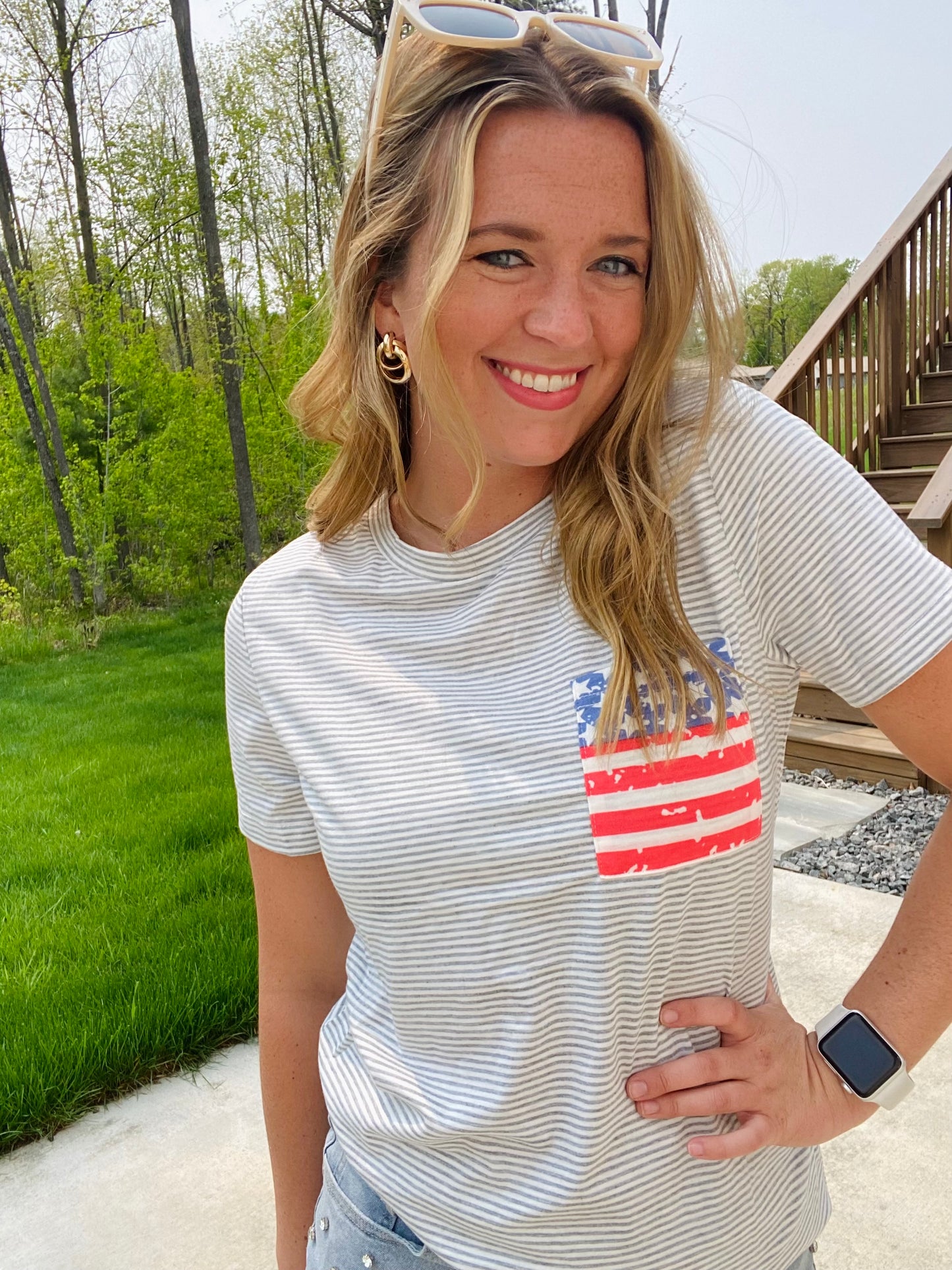 This classic Stars and Stripes Pocket Tee is the perfect choice for your summer festivities. Featuring a soft lightweight material and subtle grey stripes for added style, you'll be comfy and stylish all day. Celebrate in style and show your patriotism in this timeless must-have.