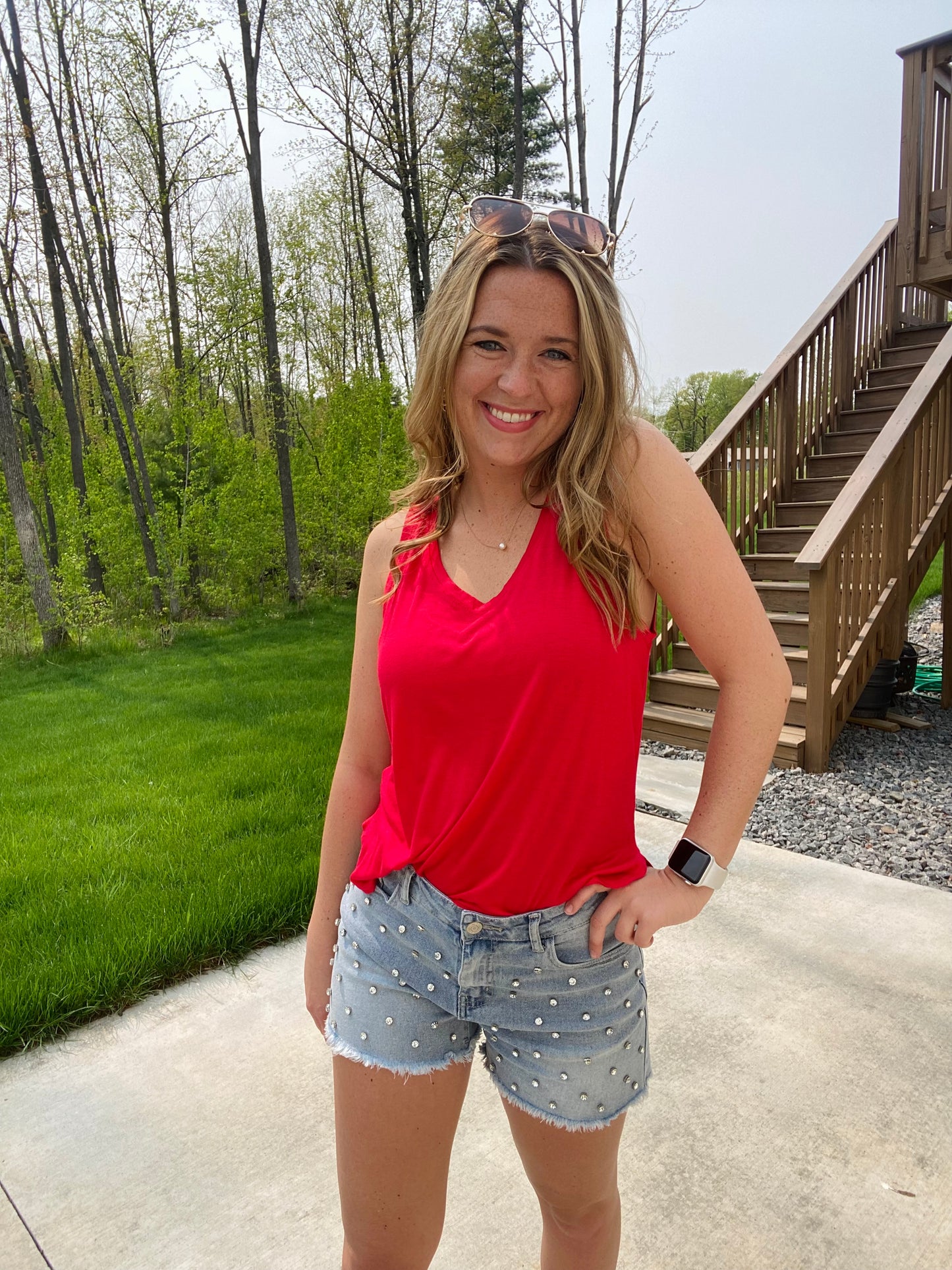 Turn heads in this sparkling denim shorts! The perfect piece to fulfill all of your rhinestone dreams! Wear them to your next concert, day out, or date night! The Reese features a mid rise fit, a frayed hem, and rhinestone studs. Hand Wash preferred