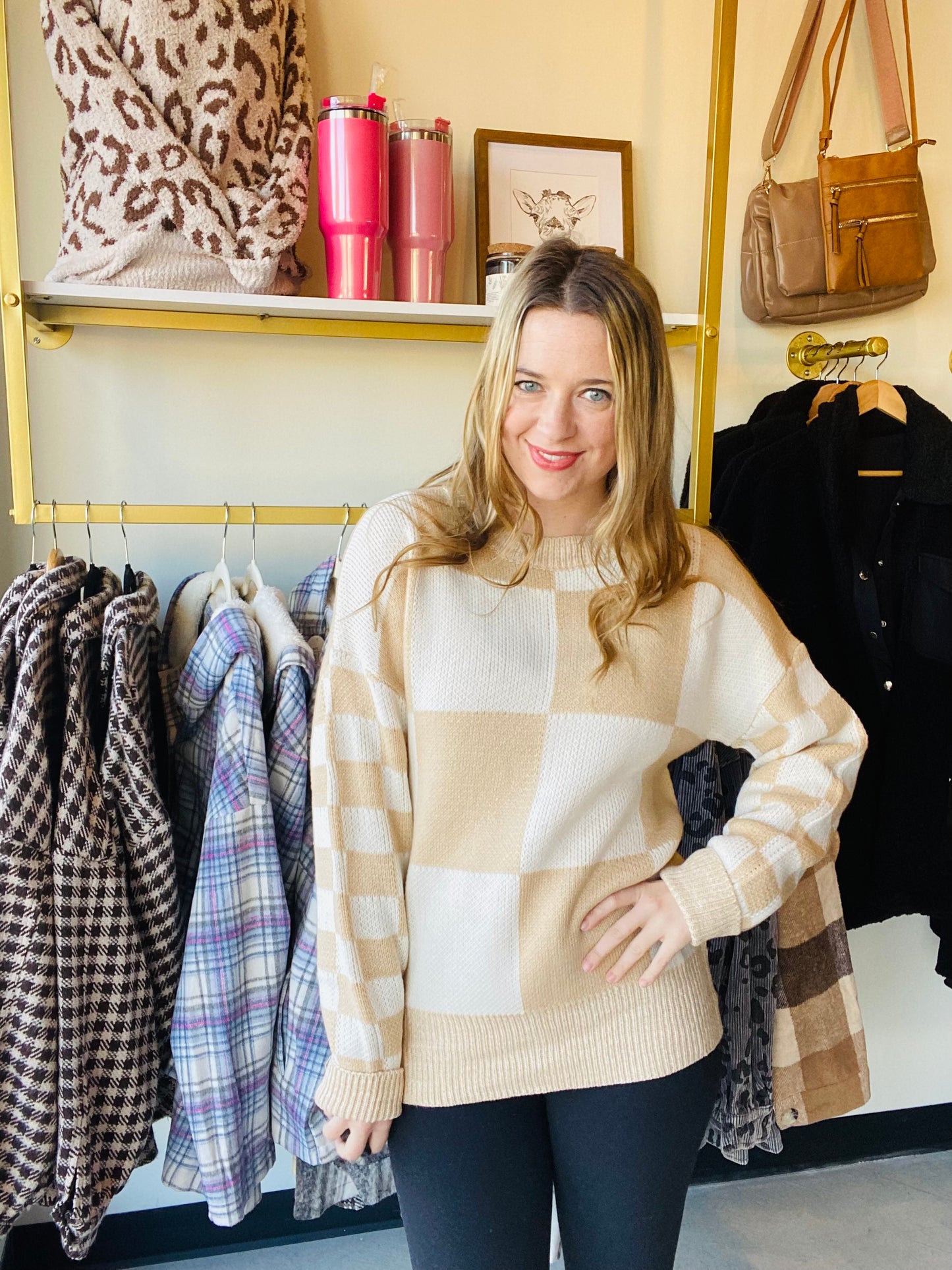 Flaxen Checkered Print Sweater