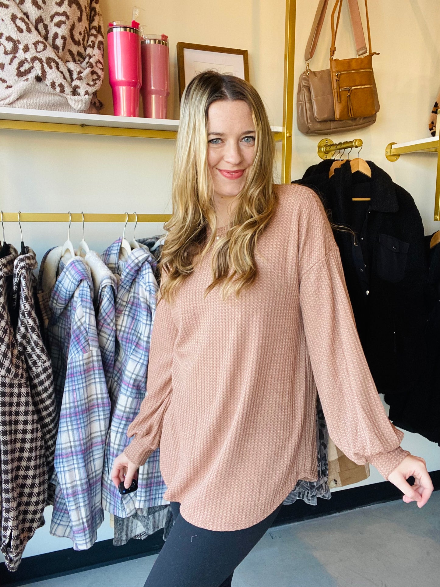 Brown Waffle Lace Back Top