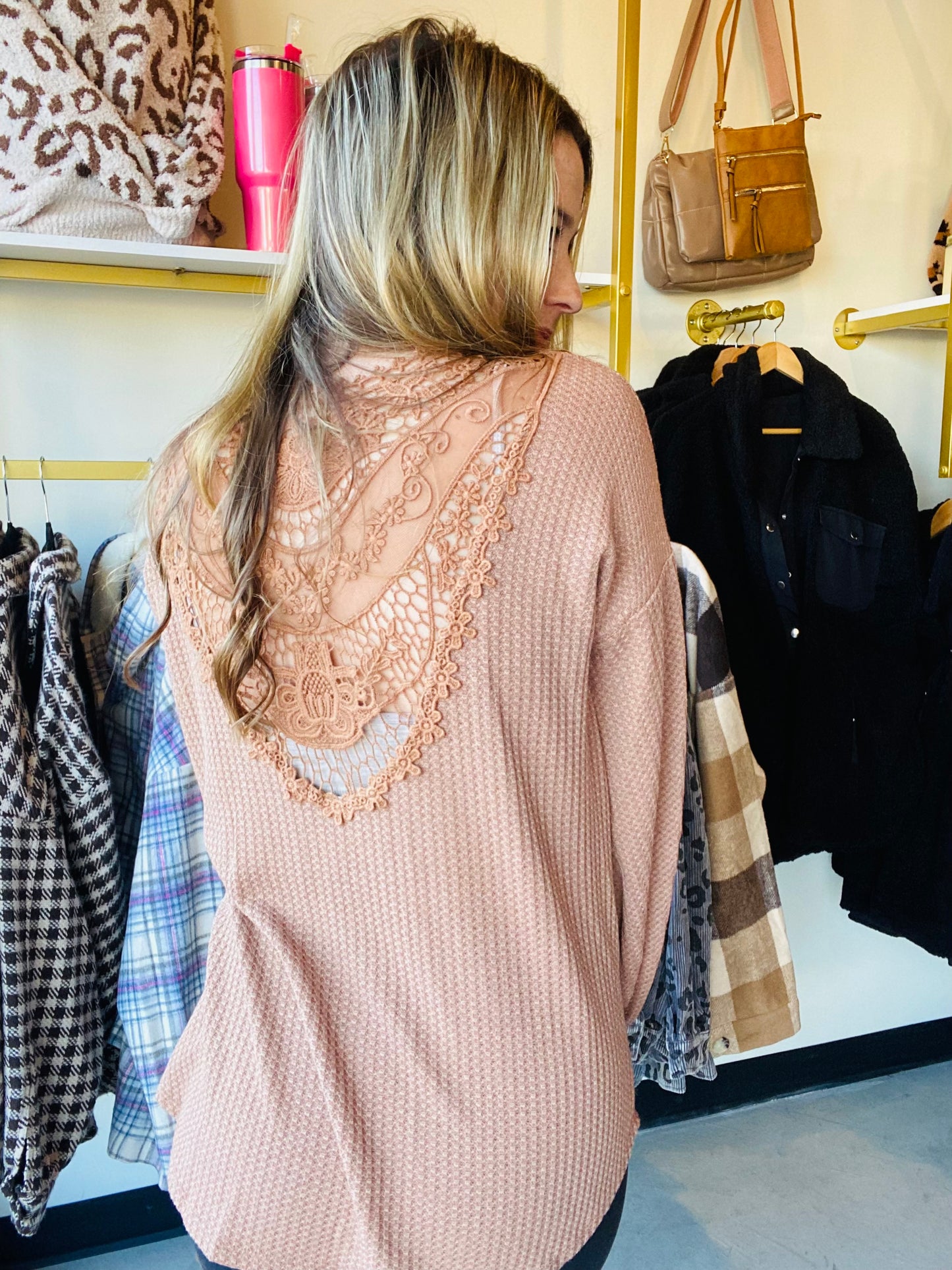 Brown Waffle Lace Back Top