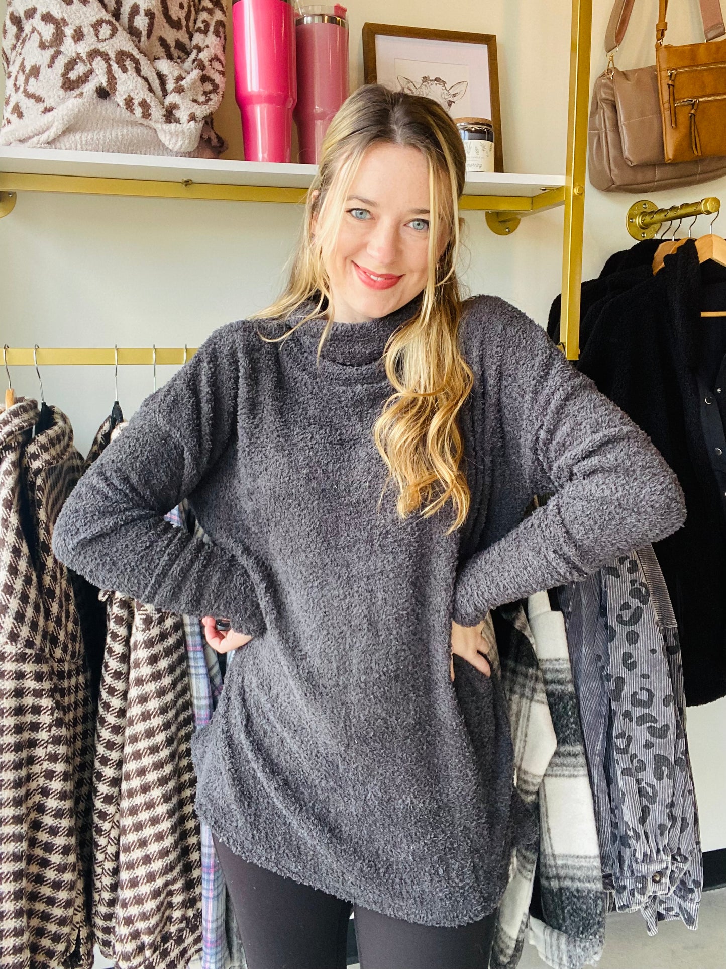 Boucle Knit Charcoal Turtleneck