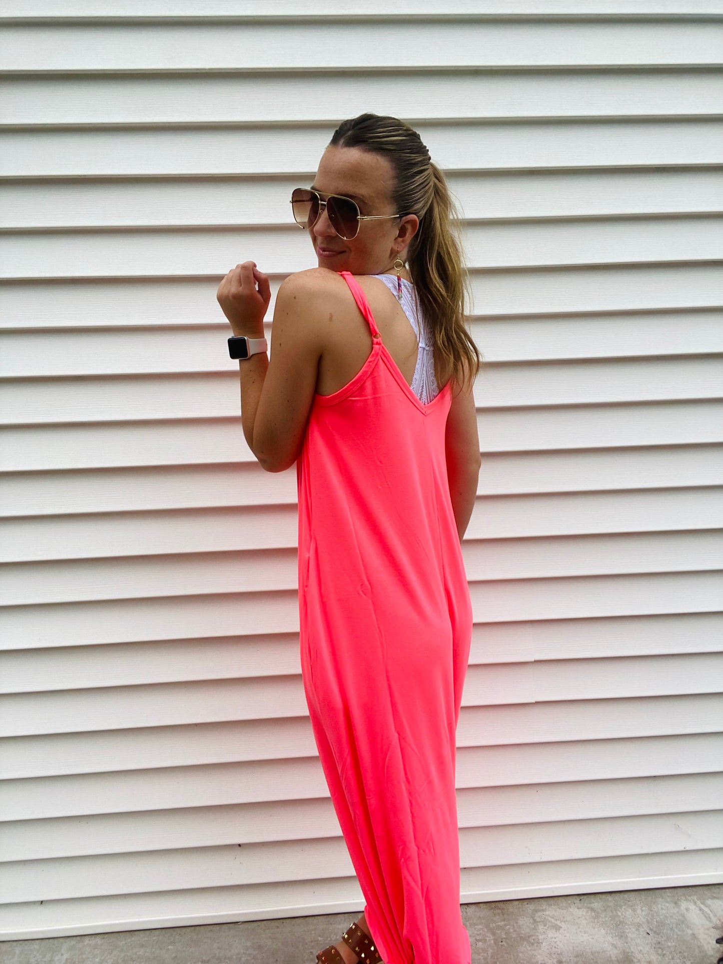 Neon Coral Pink Cami Maxi Dress