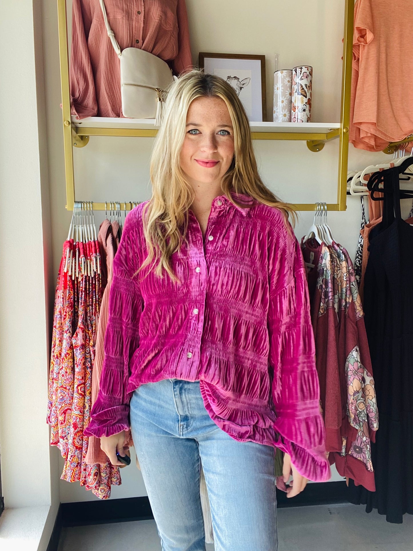 This Hibiscus Tiered Velvet Top offers a bold jewel tone, perfect for transitioning to fall and winter. The oversized yet trendy silhouette features super soft fabric and balloon sleeves for a modern look. Elevate any outfit with this stylish top while still feeling comfortable.