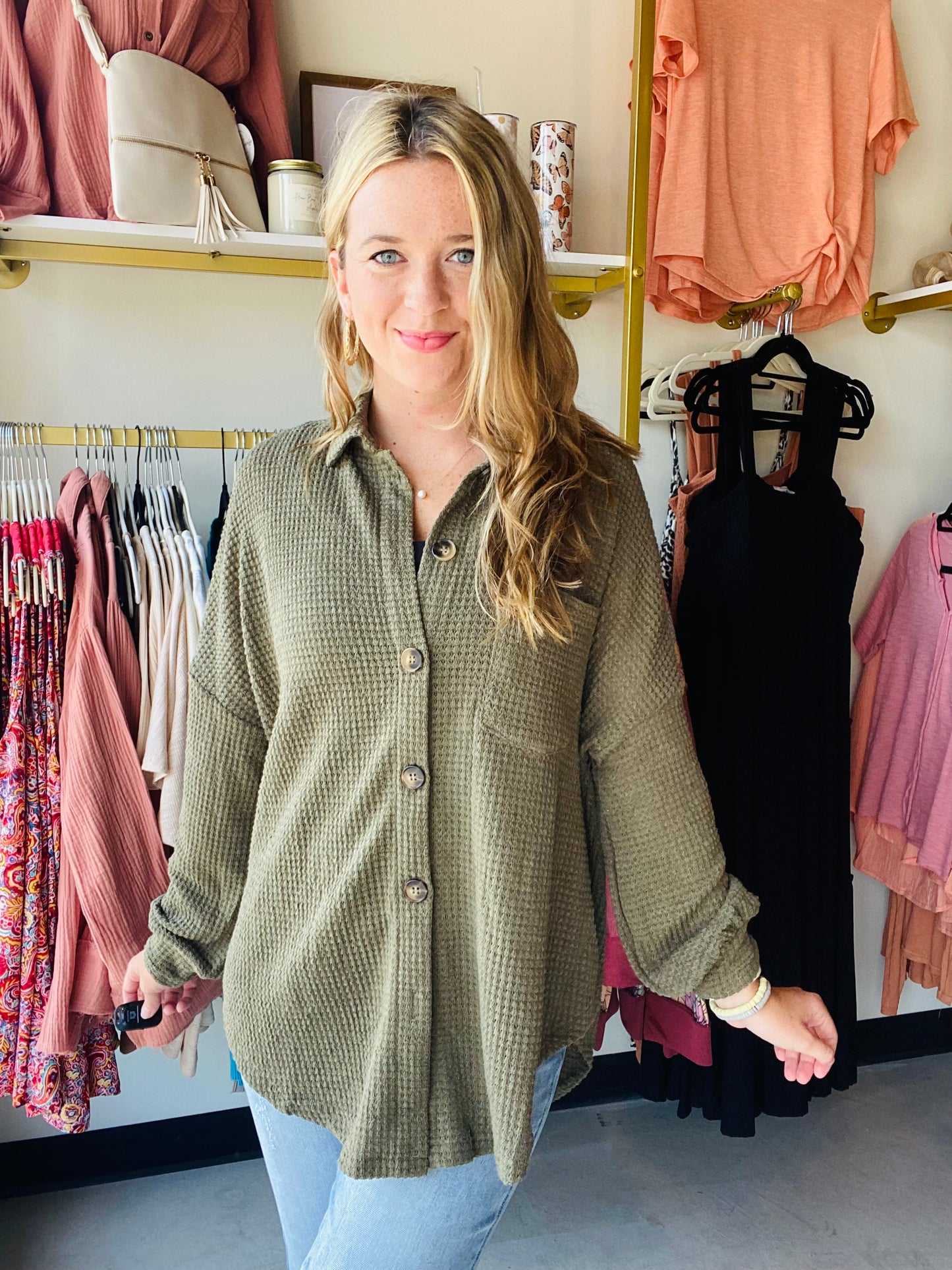 Olive Waffle Slouchy Button Up