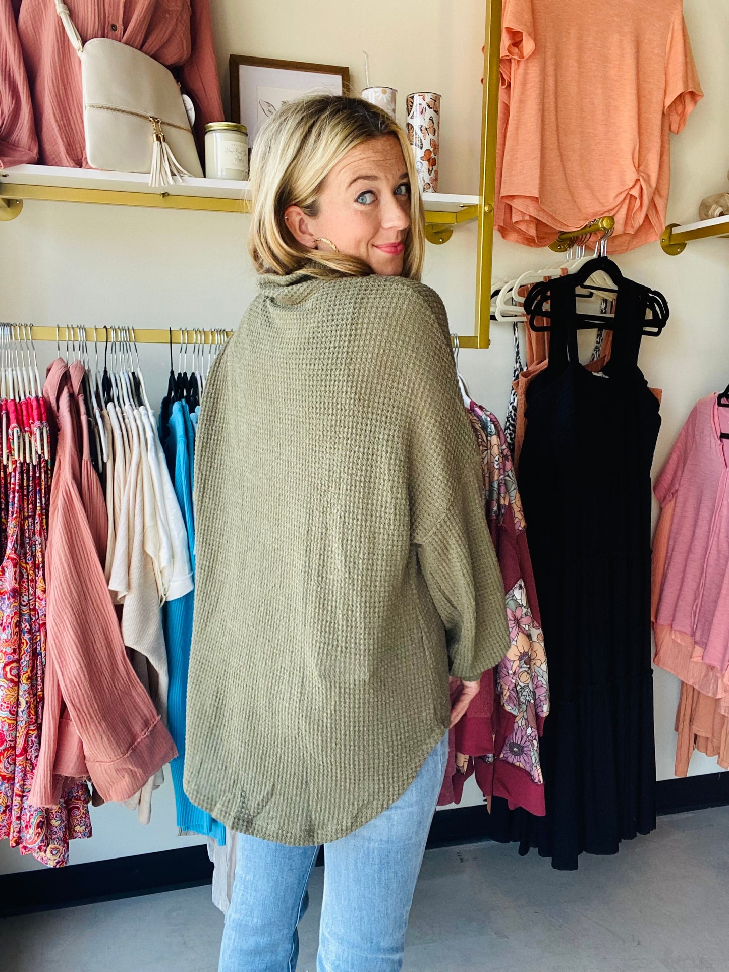 Olive Waffle Slouchy Button Up