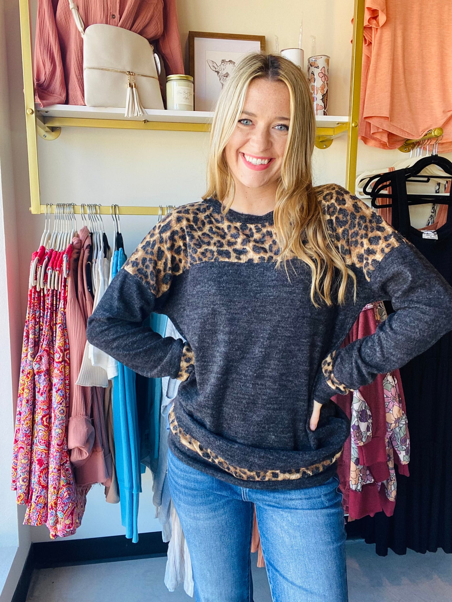 Charcoal Leopard Accent Brushed Top