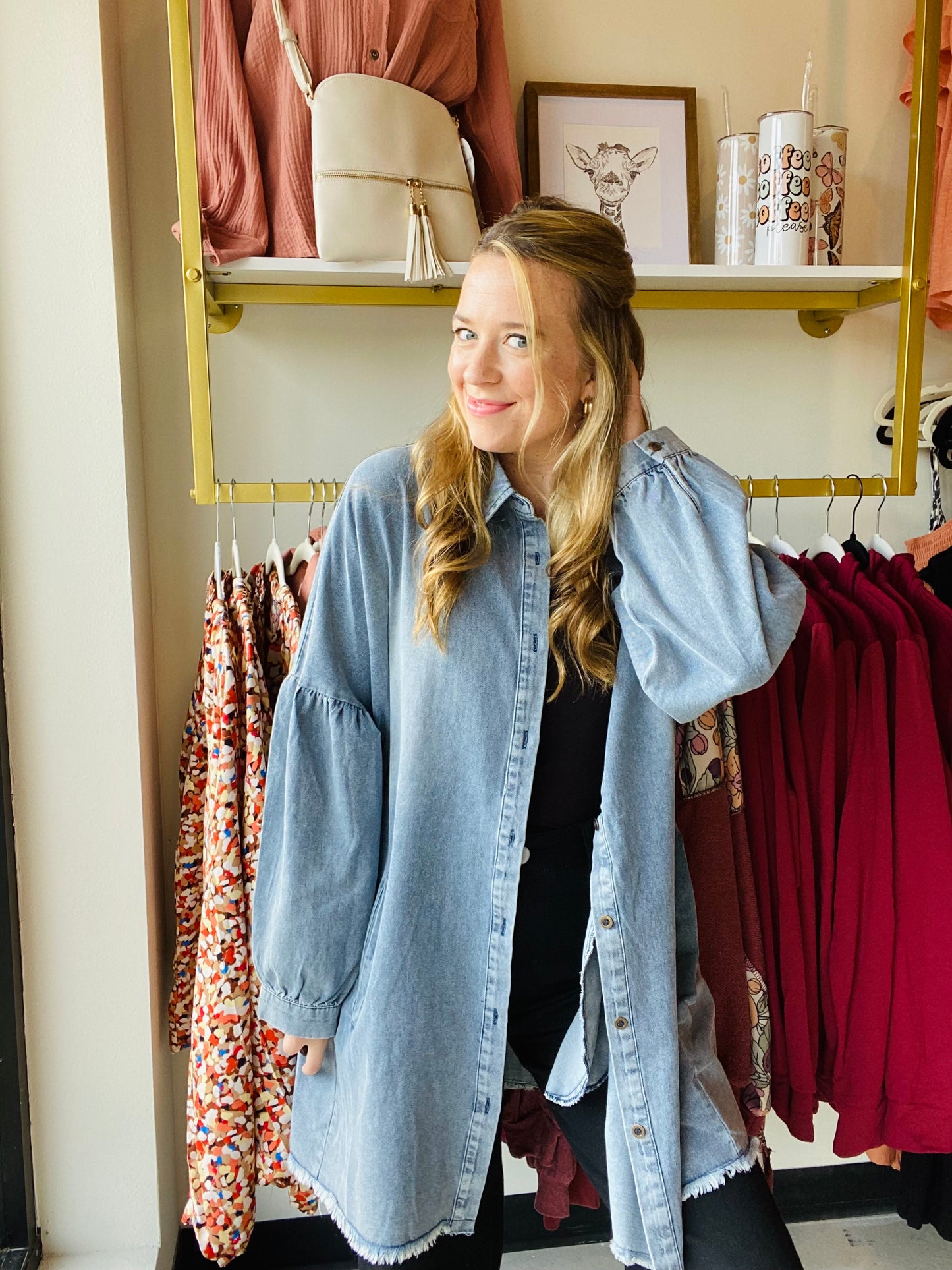 Washed Denim Balloon Sleeve Denim Tunic