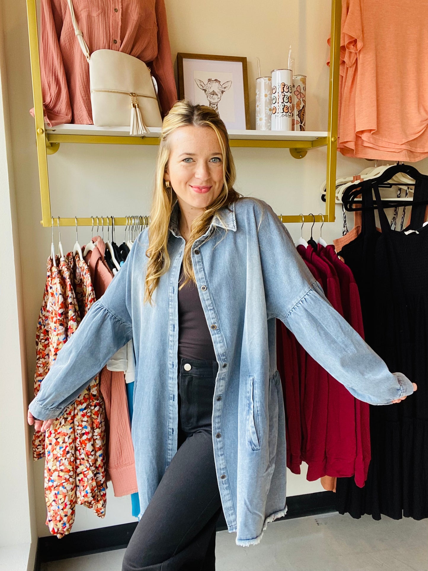 Washed Denim Balloon Sleeve Denim Tunic