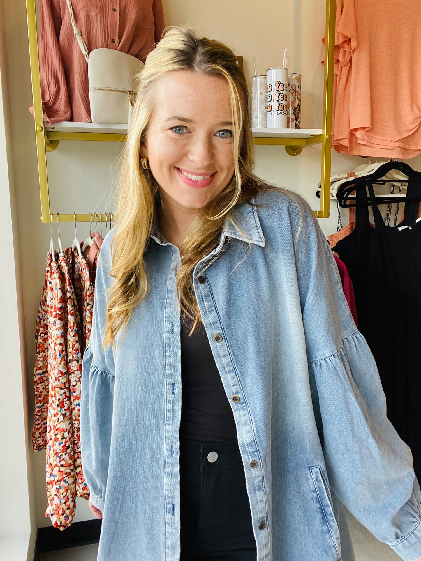 Washed Denim Balloon Sleeve Denim Tunic
