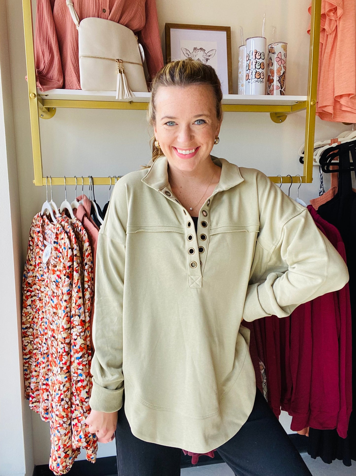 Ash Green Deep V Cuff Pullover