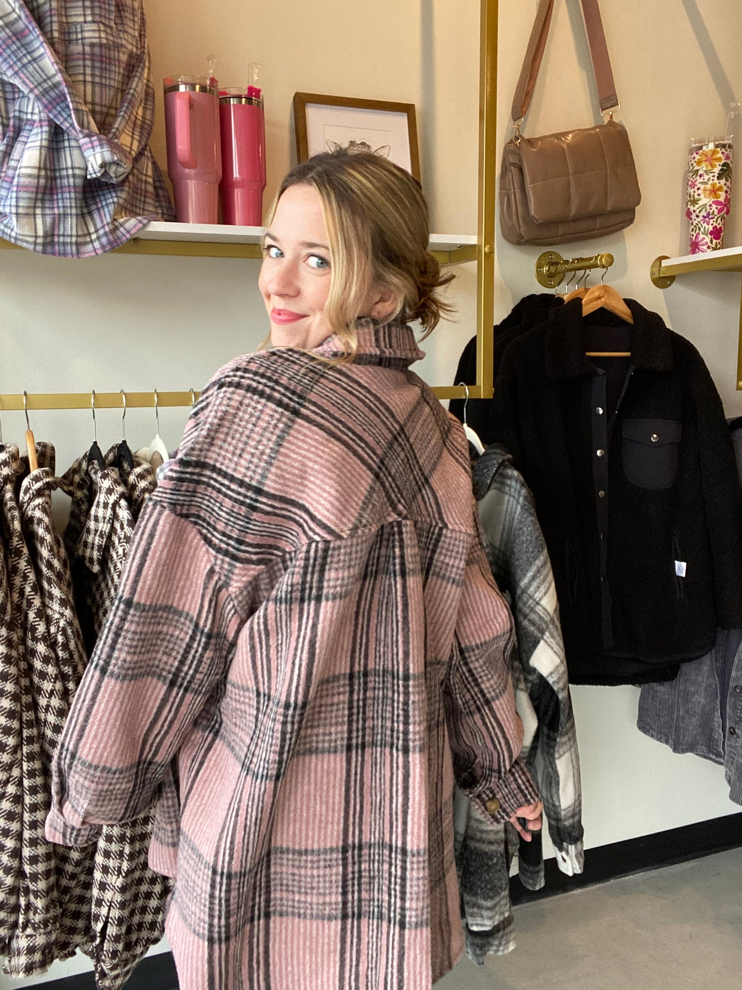 Pink and Grey Oversized Plaid Shacket