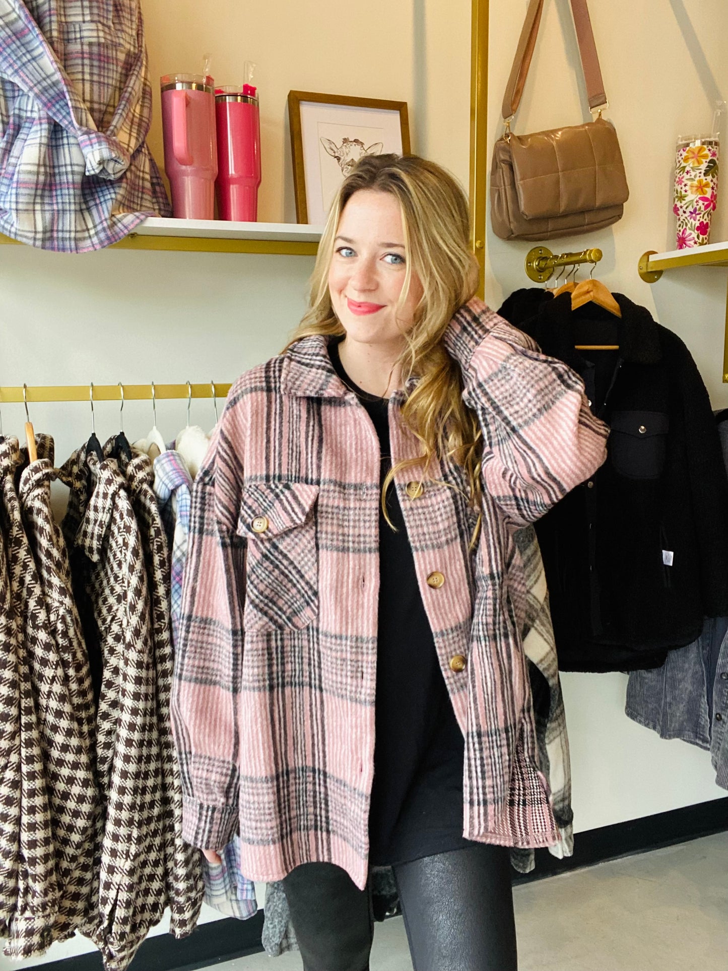 Pink and Grey Oversized Plaid Shacket