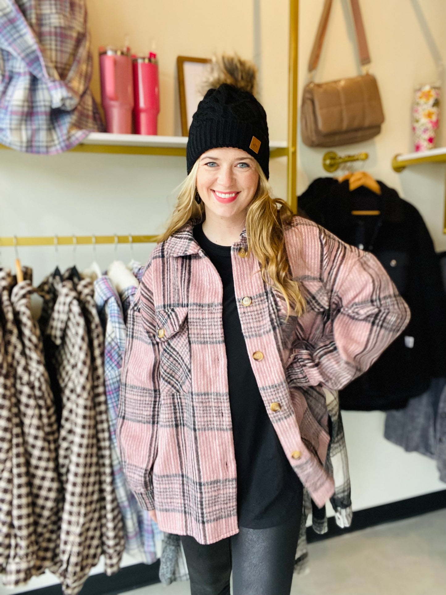 Pink and Grey Oversized Plaid Shacket