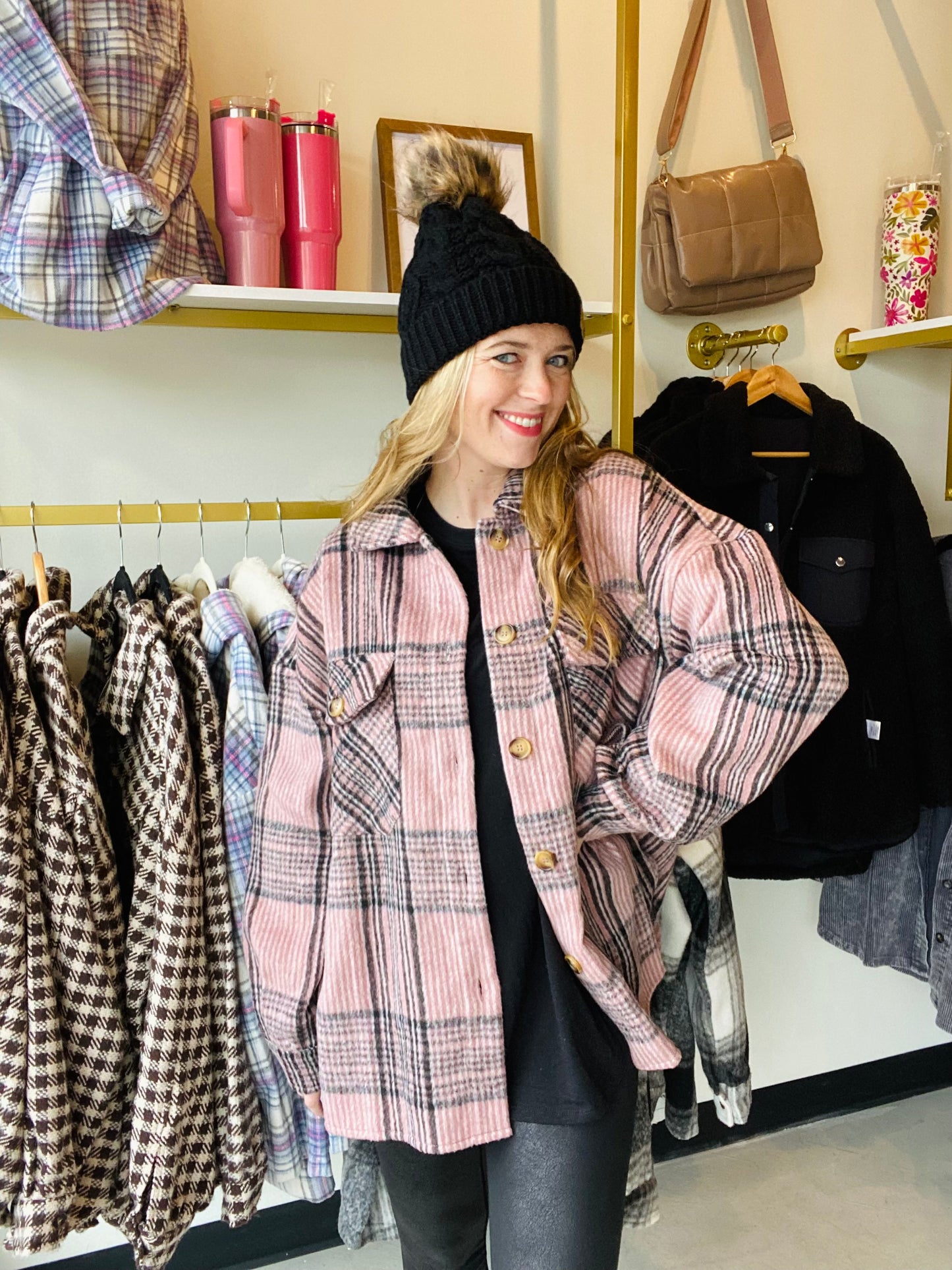 Pink and Grey Oversized Plaid Shacket