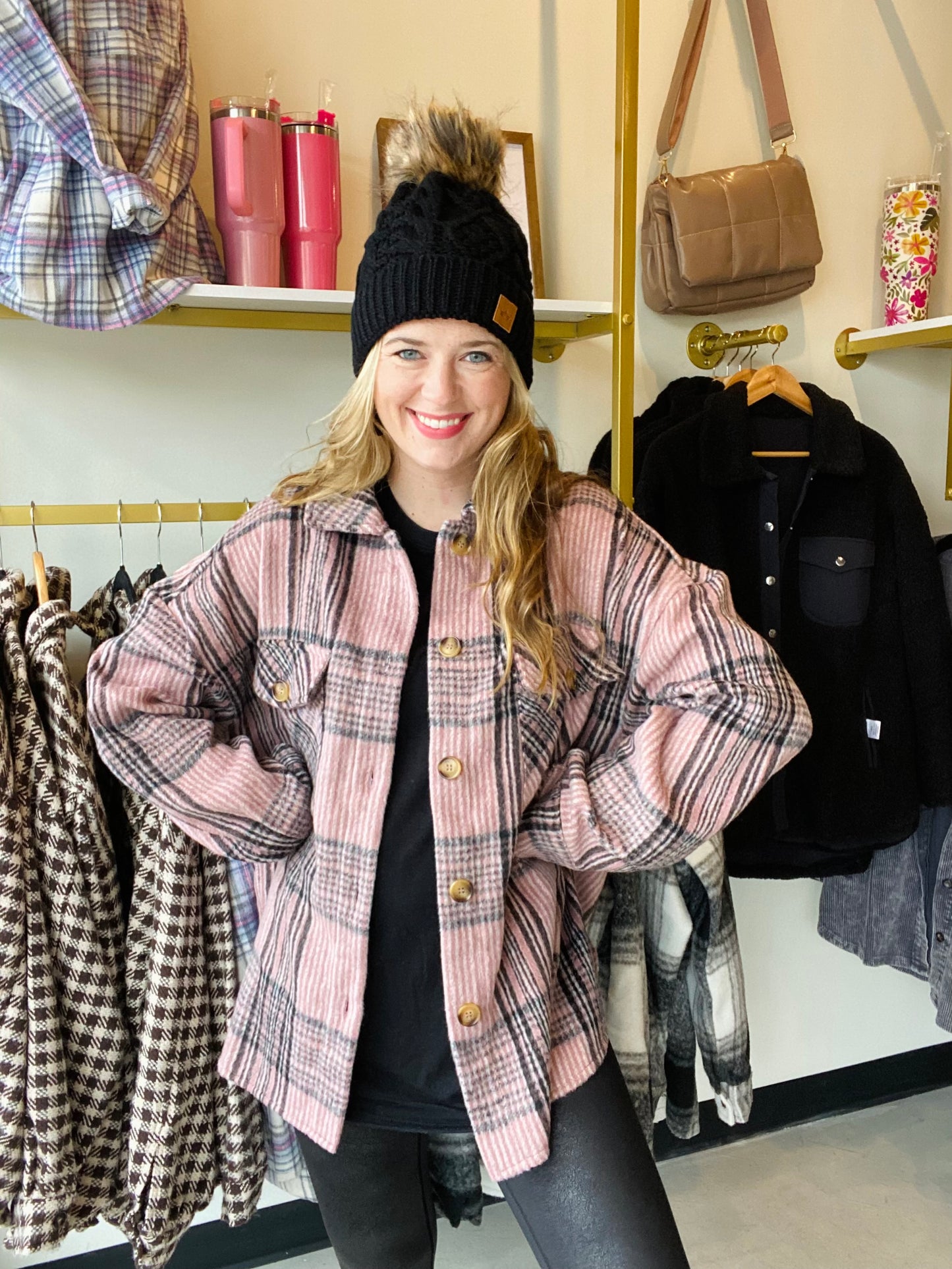 Pink and Grey Oversized Plaid Shacket