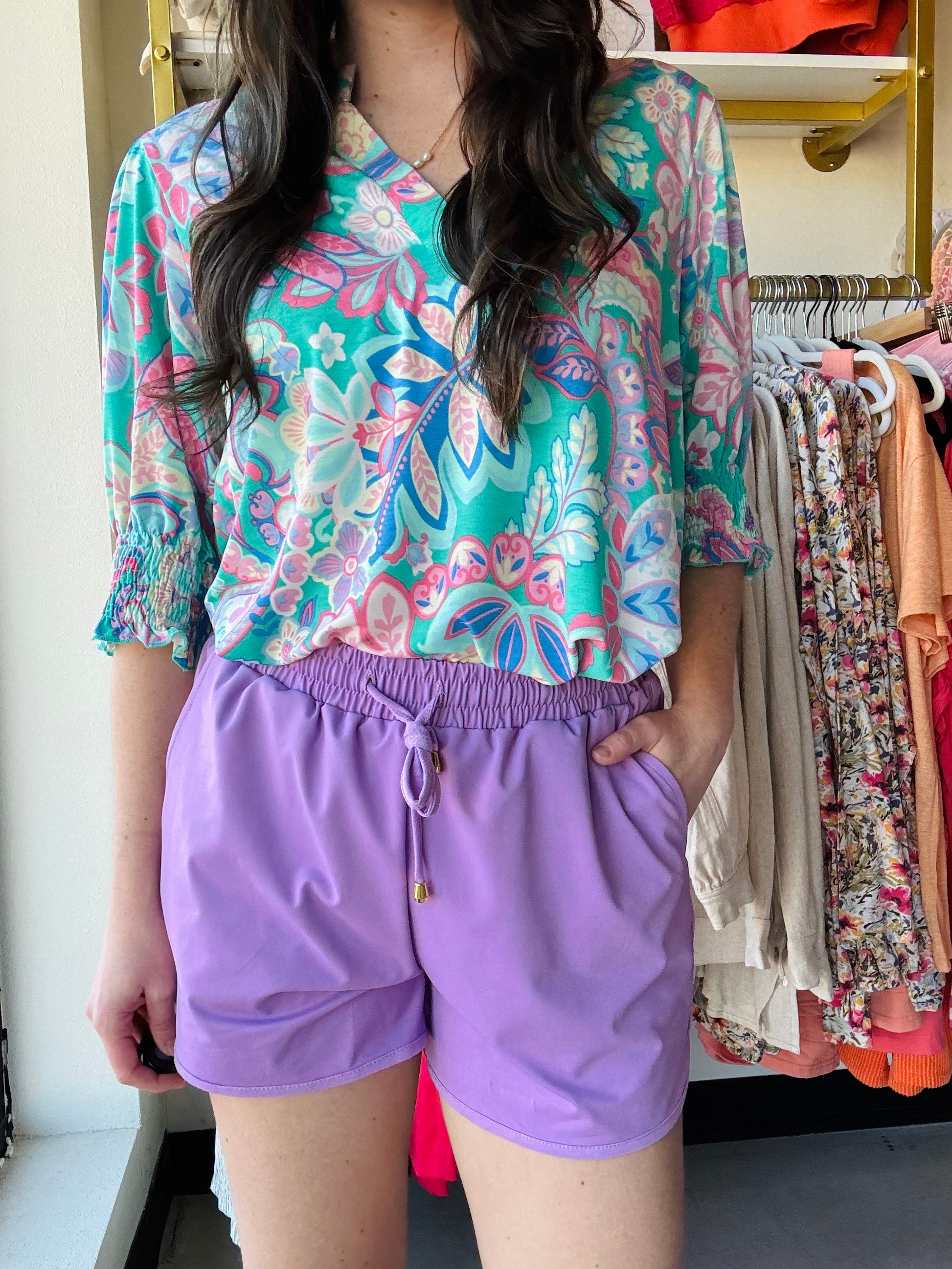 Jess Lea
These mid-rise solid lavender shorts are so perfect for the spring and summer and even to wear into the fall! Get the effortless yet chic look with these shorts. They feature a mid-rise, tie waist drawstring, & side pockets. These are a relaxed fit.
Fabric: 85% Polyester, 15% Spandex