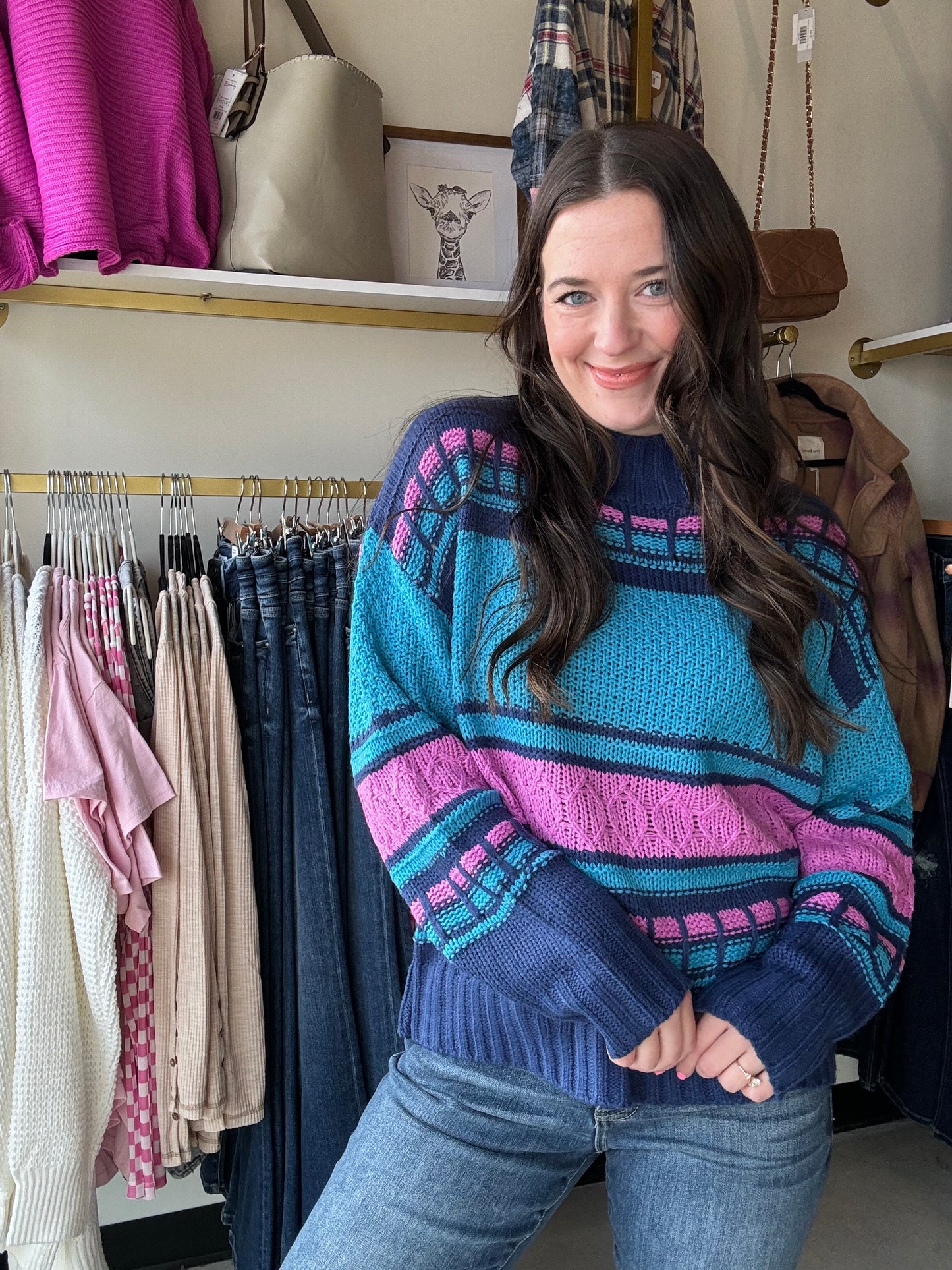 &merci
Stay cozy and stylish with our Mock Neck Cable Detail Sweater. This sweater features a mix of cable knit patterns, along with a ribbed mock neckline and drop shoulder long sleeves. The ribbed details on the neckline, cuffs, and hem add extra comfort. Perfect for a chic and playful look!