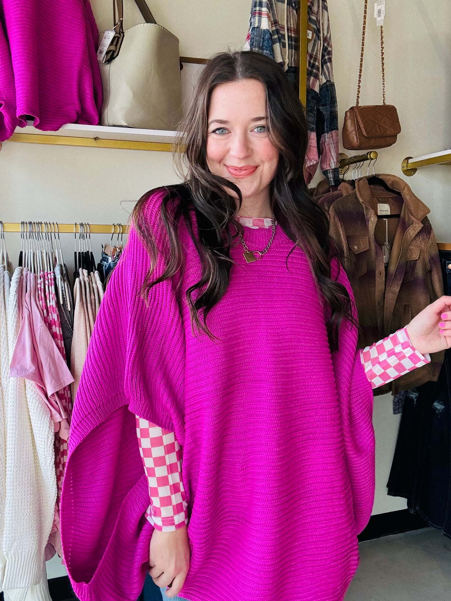 Stay warm and fashionable in this MEG Pullover Poncho. Features long arm holes for a flowy poncho feel, yet in a cute knit sweater. This stylish poncho sweater is designed to keep even the chilliest weather at bay. Perfect for a chic, cozy look.
Featured with our Dress It Up sheer tops